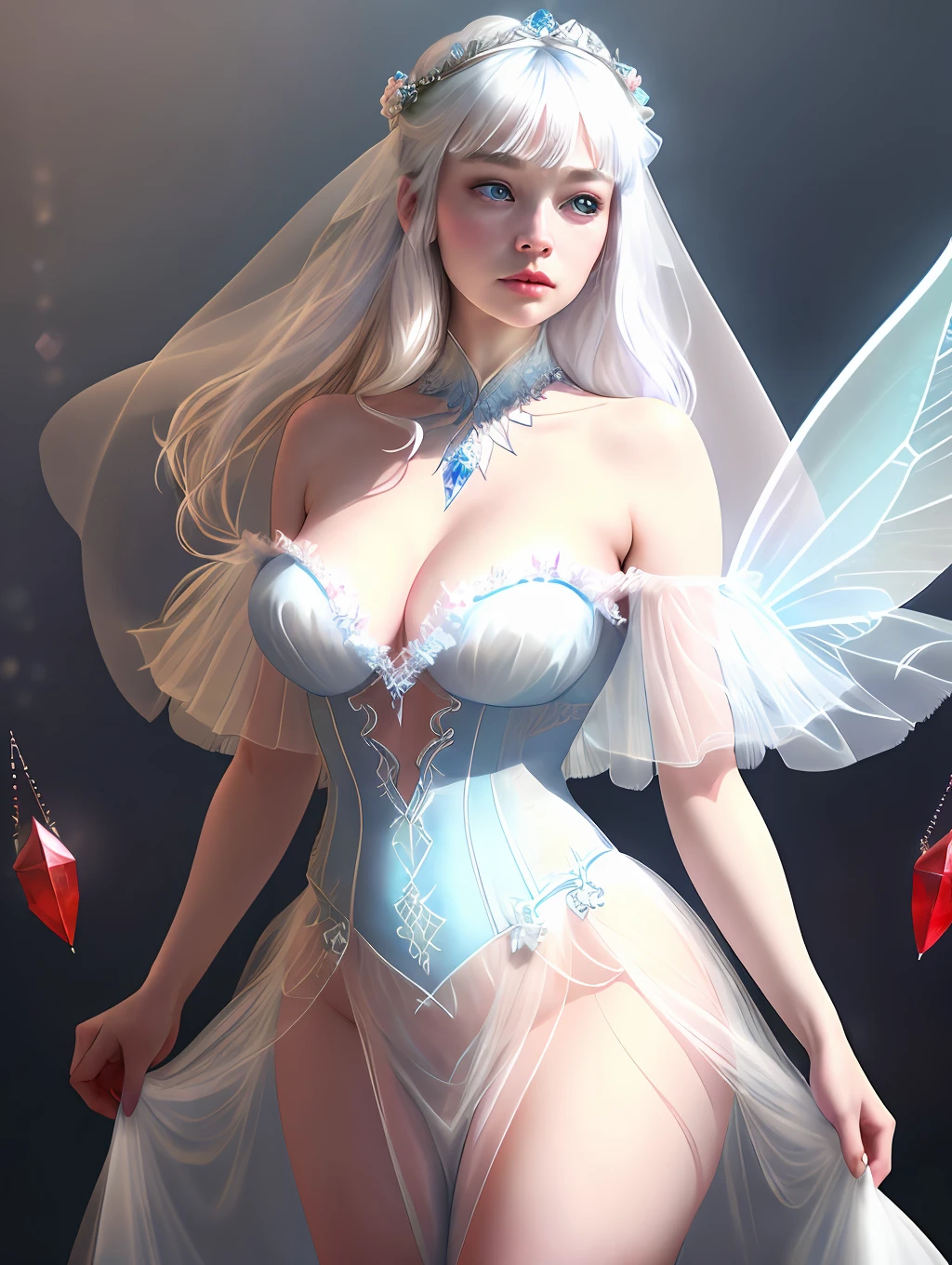Imogen Poots, soft colors, beauty, bright blue eyes, translucent fairy wings, sheer and white tulle dress, standing front, provocative gaze, spectacular, detailed eyes, red, pouty mouth, crystals peeking out of skin, tall hair off the shoulders, cleavage, elegant, white mist, texture, sensual, rosy cheek, red petals flying, natural neck, varied poses, white hair like a veil, crystals, realistic with natural skin pores, 8K image quality. shadow curve ::+20, brightness ::-30, vibrant colors, cam Sony R7 lay lens 24mm. fantasy style