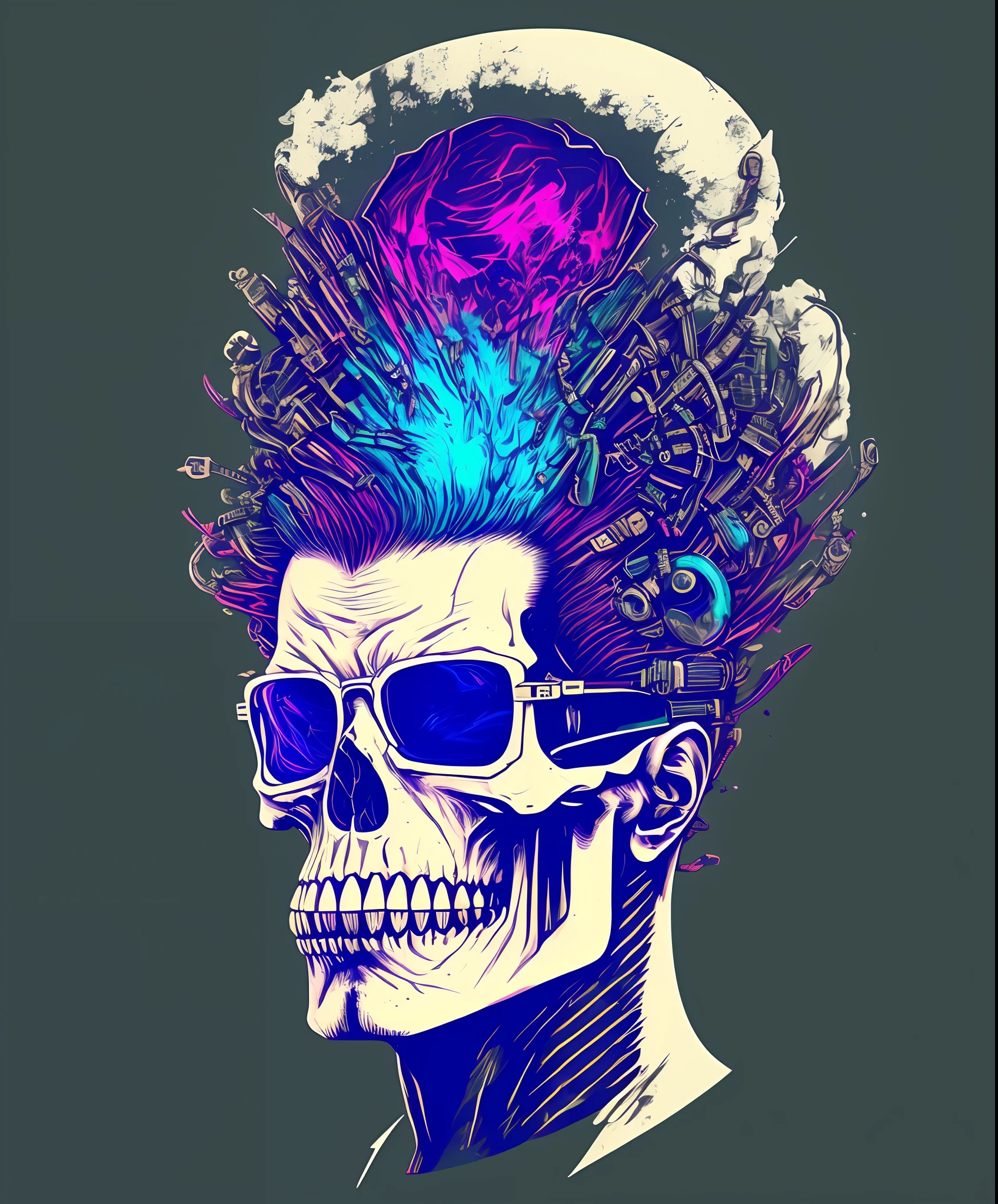 (a portrait of Cyberpunk Skull wearing glasses with fluid colored l:1), t-shirt logo in tapered thin outline style, spelling vision, artwork in (empty background:1.4)