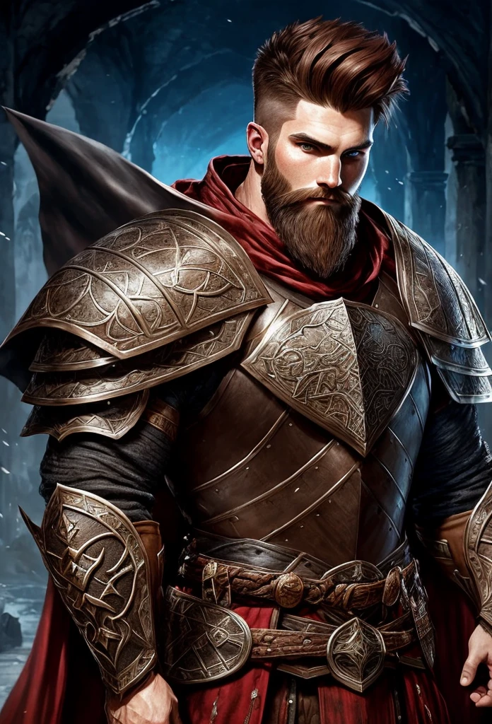 man with short beard, epic rpg portrait, fantasy male portrait, rpg portrait concept art, male warrior, fantasy concept art portrait, epic portrait illustration, detailed character portrait, one human warrior, big black armor with details red, full armor, blue eyes, short hair, brown hair, dungeons and dragons character, detailed hands, cape, High Detail, blood spatter