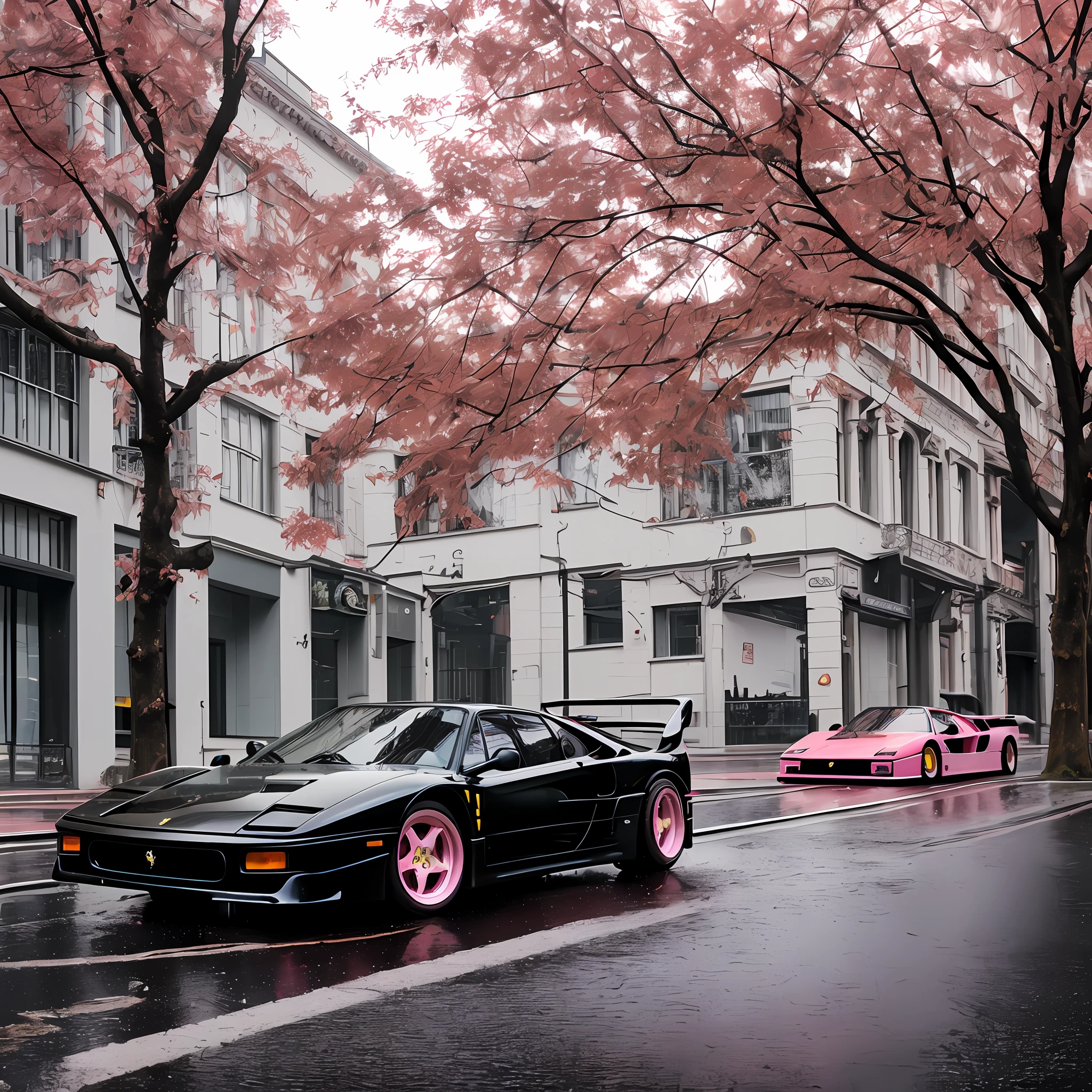 35mm portrait of a black Ferrari F40, parked diagonally on the street after the rain with splashes of water on the bodywork, cinematic city and some trees with pink leaves, dramatic lighting, ultra resolution, surrealism, reflections on the ground and cloudy sky