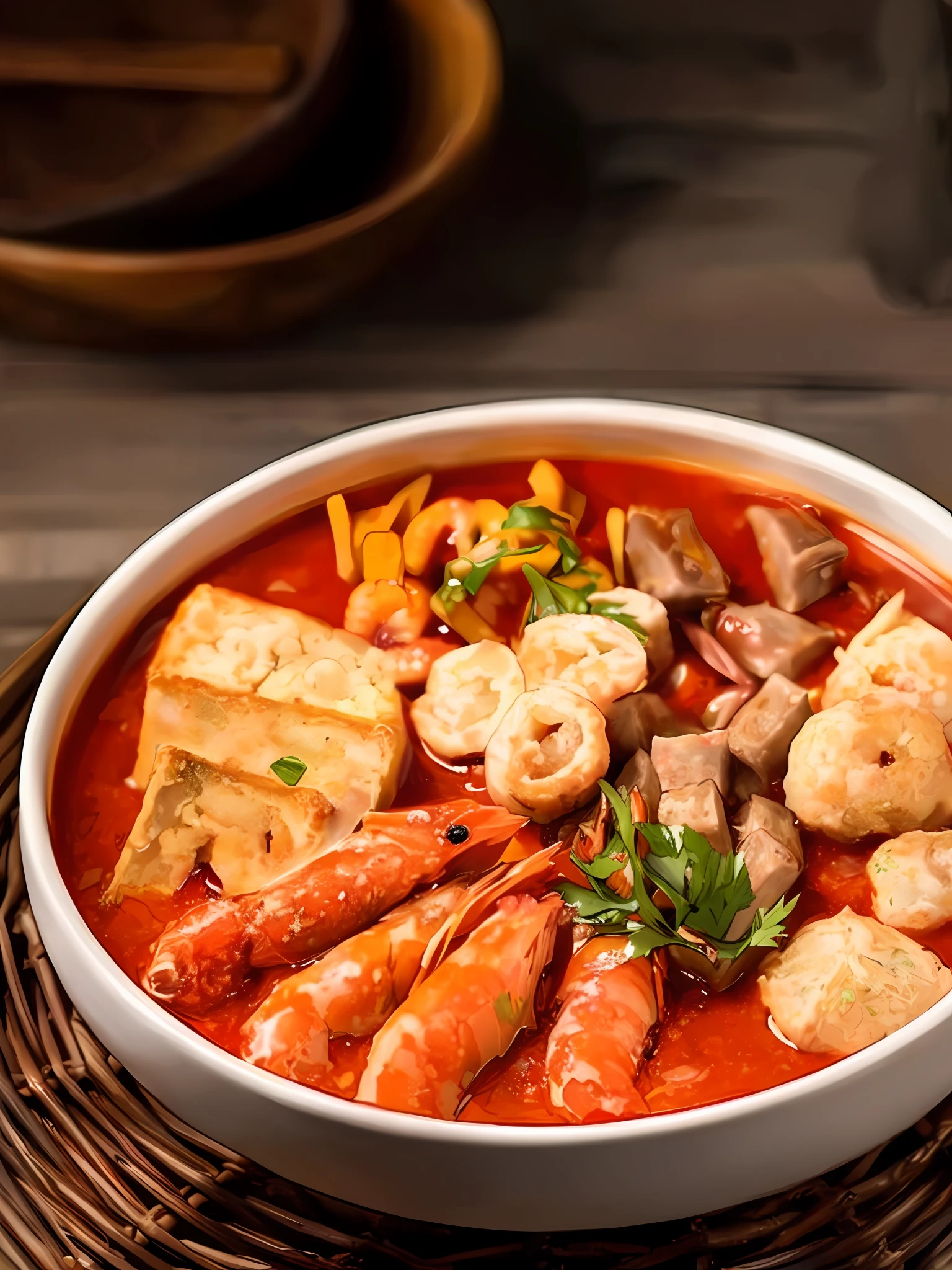A bowl of spicy mix, with shrimp, tofu cubes, coriander, fish balls, tofu puffs, beef cubes
