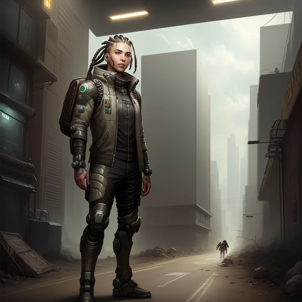 guy with short locs in a scifi suit in a dystopian setting, game art character with ear piercings with motorcycle