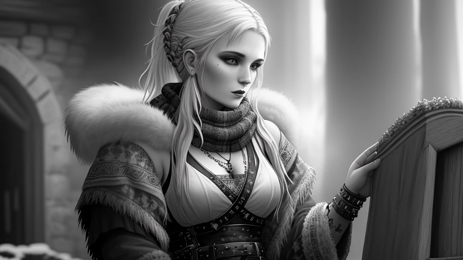 punk woman wearnng a shawl and ancient pagan Karelian and Finnish clothes mixed with nu-goth aesthetic. Kalevala, folklore. Druid Louhi, Mistress of the North