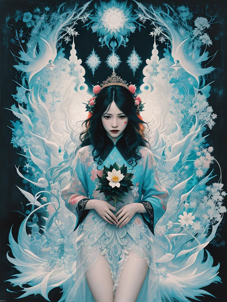 sfw, official art, unity 8k wallpaper, ultra detailed, beautiful and aesthetic, beautiful, masterpiece, best quality, (zentangle, mandala, tangle, entangle), (ecstasy of ice and flower:1.2) dynamic angle, cowboyshot, the most beautiful form of chaos, elegant, a brutalist designed, vivid colours, romanticism, by james jean, roby dwi antono, ross tran, francis bacon, michal mraz, adrian ghenie, petra cortright, gerhard richter, takato yamamoto, ashley wood, atmospheric