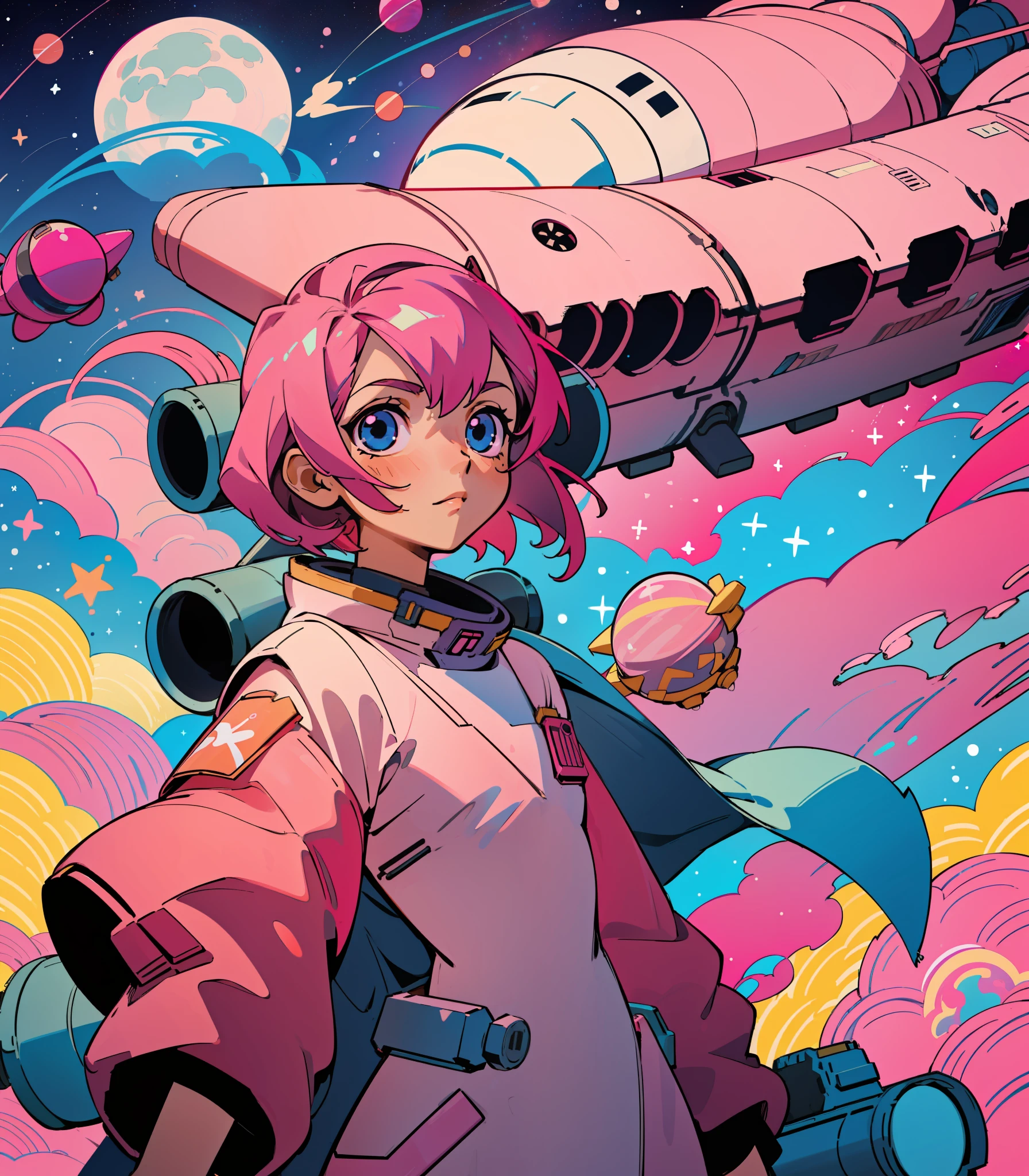 (best quality: 1.2), 1girl, (closeup, pink hair, very long hair, okappa, flat chest, space station), flight, space, explosion, short hair, pink hair, blue eyes, cyberpunk, moon , meteor, space helmet,