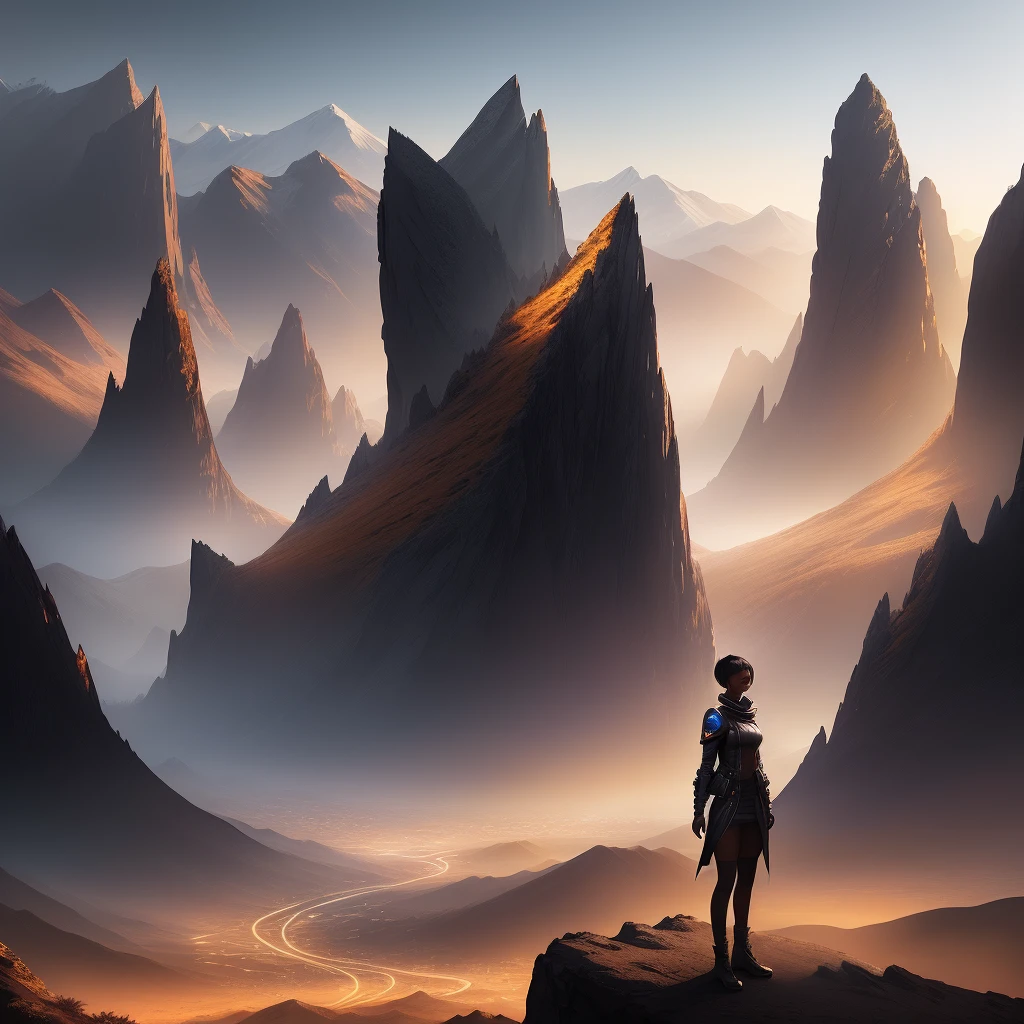 African model, short hair, facing the viewer, background landscape of mountains, concept art, dark colors, particles, high details, complex textures, professional lighting, lights, HD,