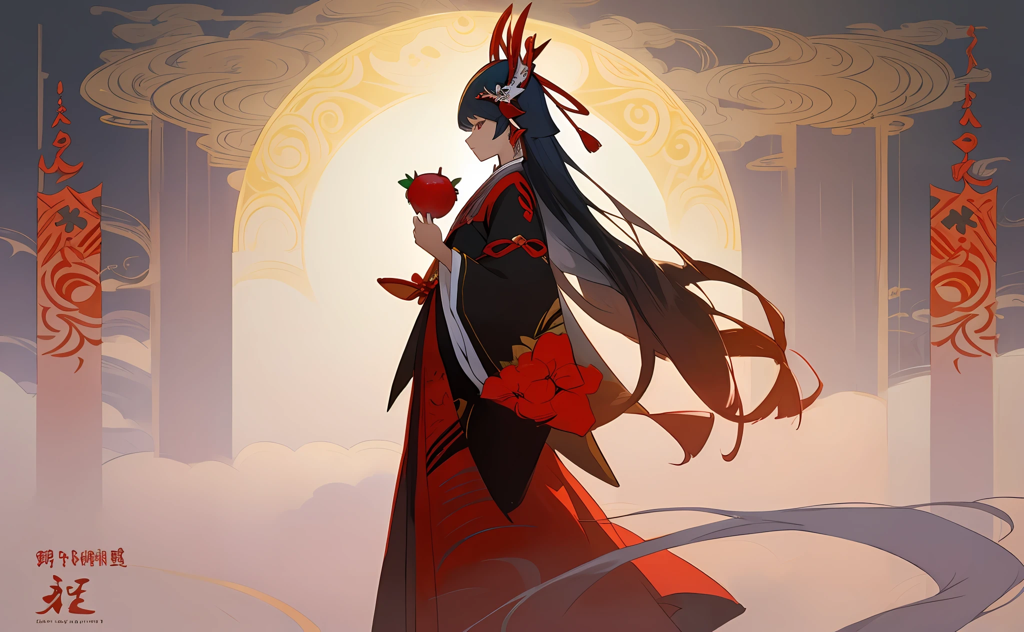 Drawing of a woman in a long dress standing in a field, digital painting by Shitao, pixiv contest winner, fantasy art, from the east, anime style 4k, anime fantasy illustration, oriental characters, anime fantasy artwork, onmyoji detailed art .Miao women, national unity, Miao headdress, silver headdress, holding pomegranate