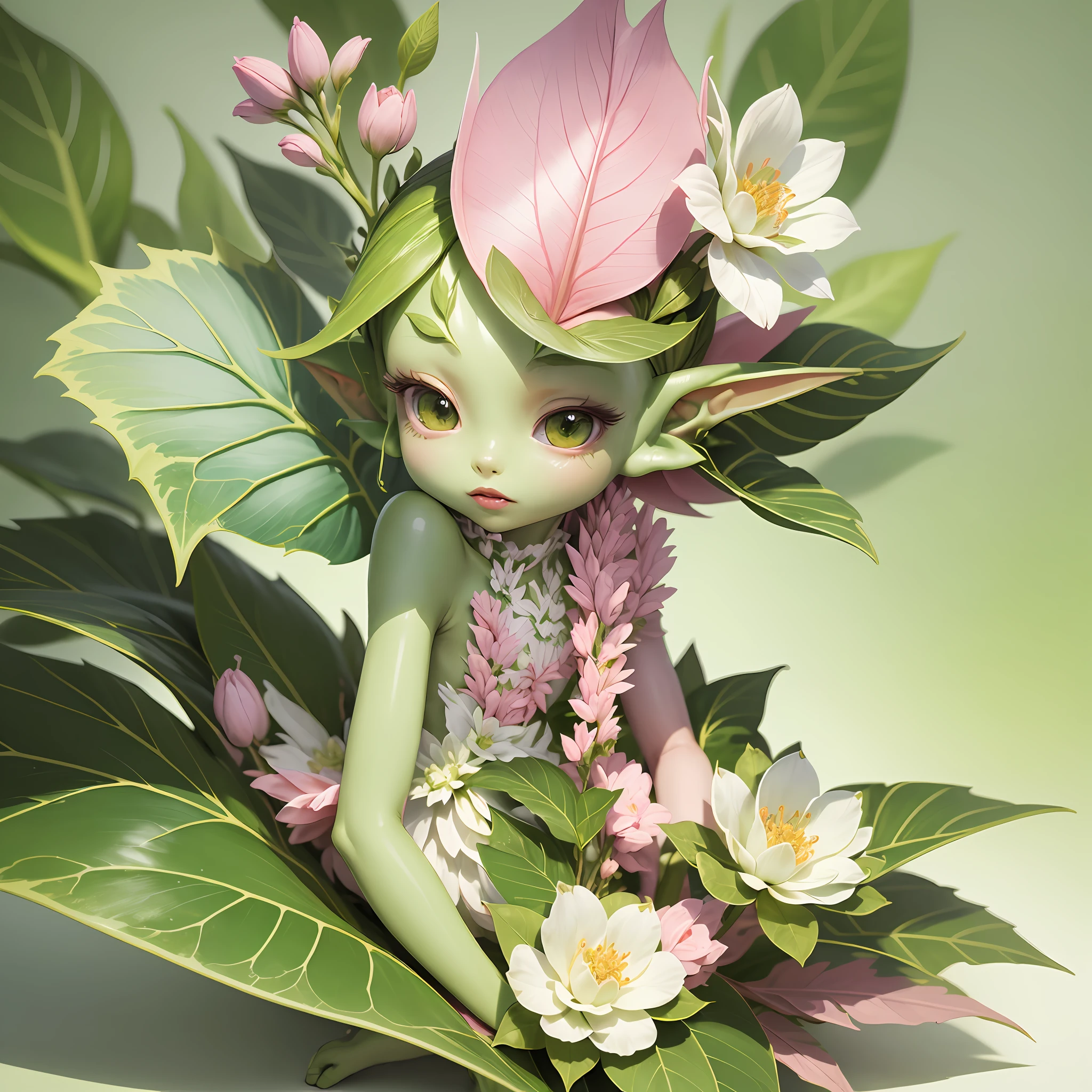 A masterpiece, a kind of (plant elf), with a light green upper body, pink flowers and leaves, pinkish white skin, white teeth, pointed ears, green heart-shaped leaves connected to the lower body, ethereal, cute, --v 6