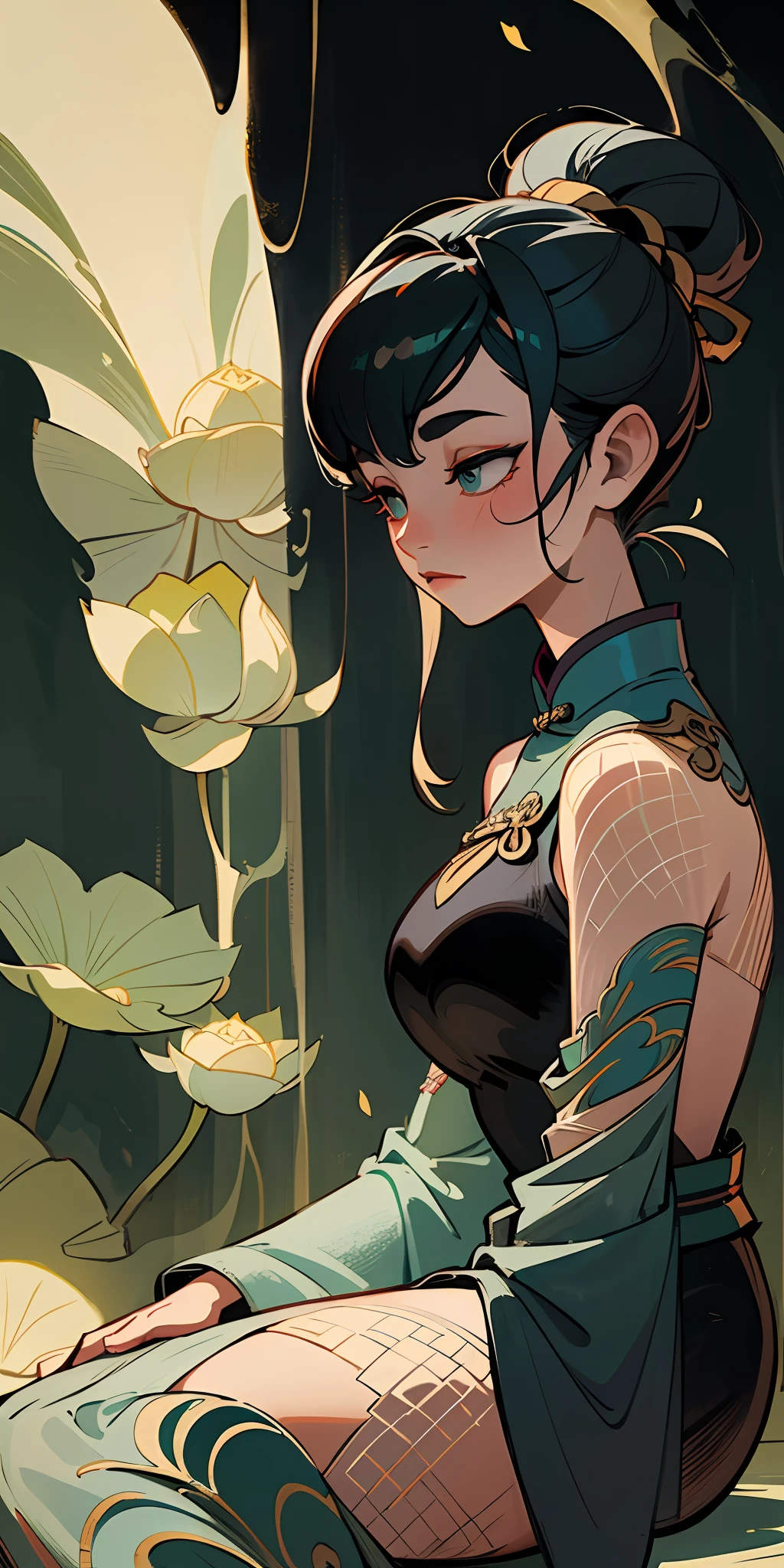 An ancient Chinese beauty sitting on a stone, wearing ancient Chinese clothing, flowing tulle, light silk, lazy posture, large lotus leaf, lotus, ink painting style, clean color, decisive cutting, blank, freehand, masterpiece, super detailed, epic composition, high quality, the highest quality, chiaroscuro,cinematic lighting, depth of field, --v 6