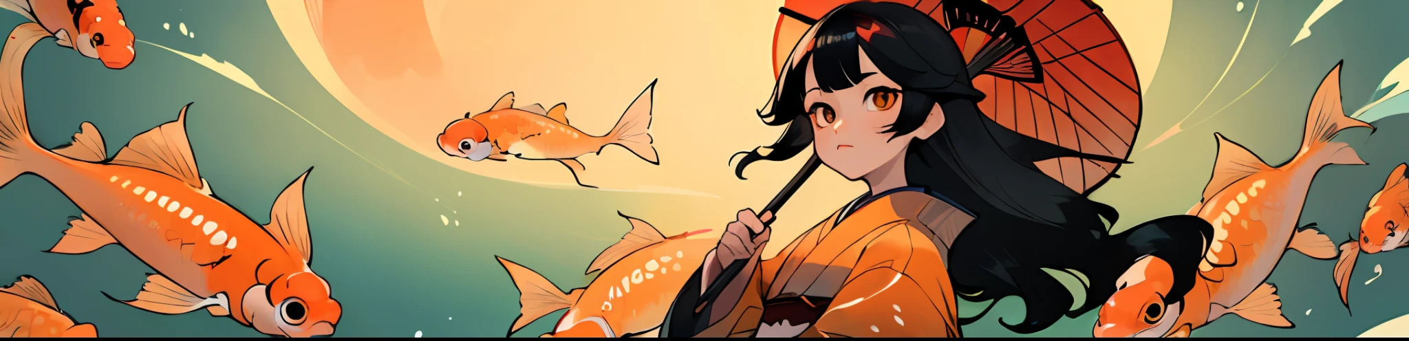 (best quality, masterpiece), 1girl, kimono, ukiyo-e, black hair, straight hair, princess hair, gradient hair, koi fish, full moon,