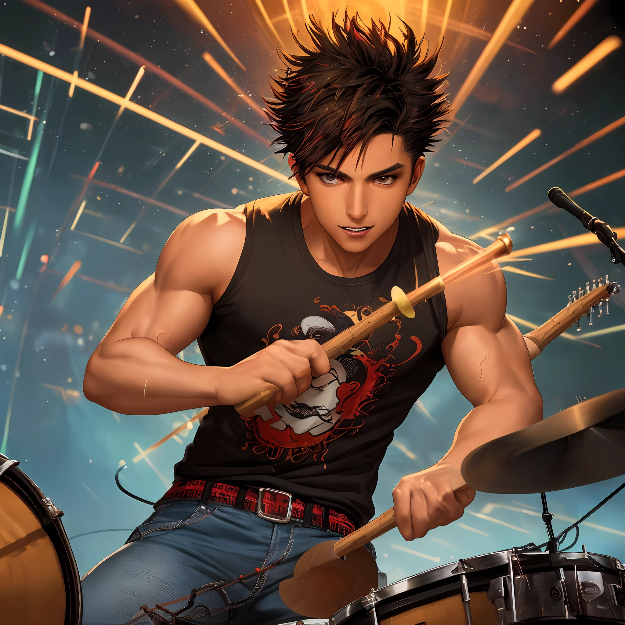 masterpiece, best quality,1male, young, muscular, solo, tanned skin, brown eyes, black spiked hair, playing drums on stage, holding drumsticks, wearing jeans and t-shirt, booms, percussion, reverberation, surrounded by colorful music notes, splashes, abstract, dramatic illumination, dynamic angle, intense color contrast), in the art style of artists called "Esao Andrews", "Stanley Mouse", and "Dan Mumford 1.5)