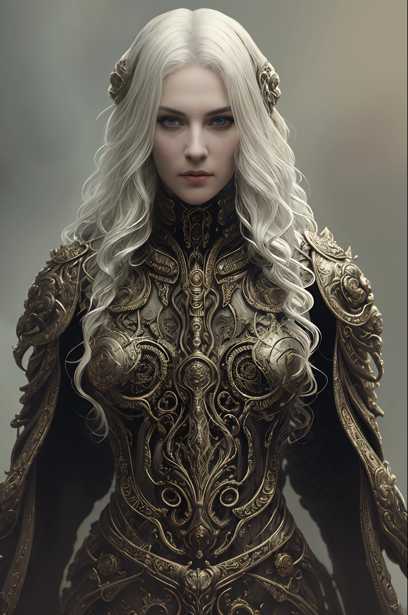 portrait, beautiful woman, white hair, ornate dress, (long hair in waves like smoke):0.85 , confident expression, detailed, 16k, sf, intricate artwork masterpiece, ominous, matte painting movie poster, golden ratio, trending on cgsociety, intricate, epic, trending on artstation, by artgerm, h. r. giger and beksinski, highly detailed, vibrant, production cinematic character render, ultra high quality model:1