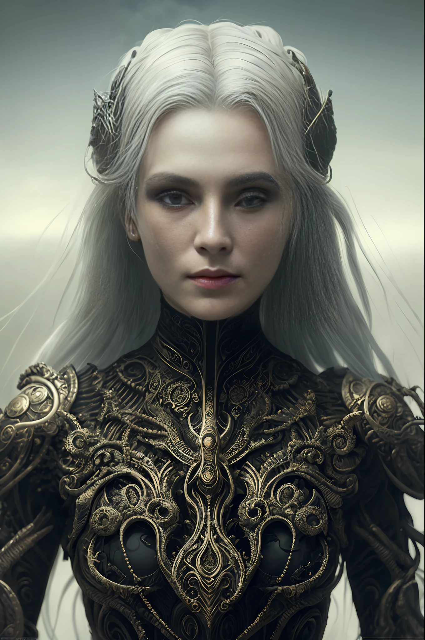 portrait, beautiful woman, white hair, ornate dress, (long hair in waves like smoke):0.85 , confident expression, detailed, 16k, sf, intricate artwork masterpiece, ominous, matte painting movie poster, golden ratio, trending on cgsociety, intricate, epic, trending on artstation, by artgerm, h. r. giger and beksinski, highly detailed, vibrant, production cinematic character render, ultra high quality model:1