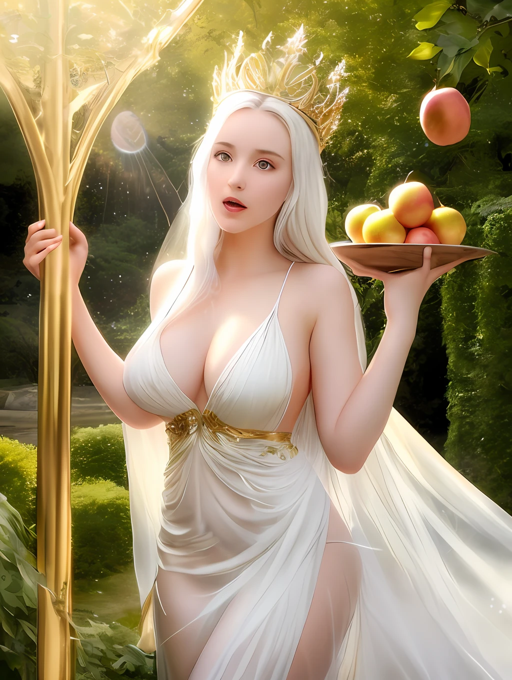 a beautiful Nymph, {Model Emma Myers}, youthful face, big breasts, slim waist, translucent Greek dress, bright light eyes, white hair, gold crown of thorns, a work of art, maximum definition, neat features, well defined features ,striking colors, a beautiful blurred background garden, a giant tree with golden apples hanging on the branches, golden butterflies flying, fantasy film style