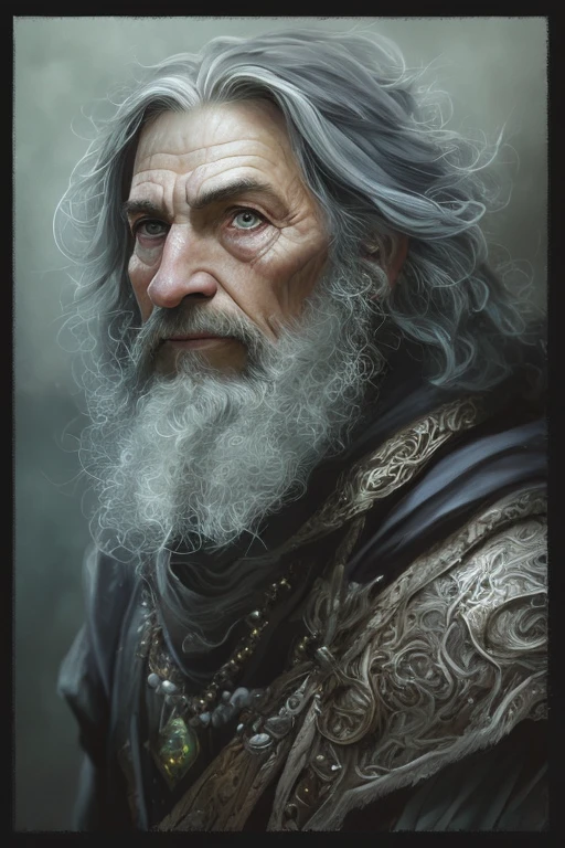 a close-up of a man with long white hair and a beard, fantasy rpg symmetrical portrait, male mage, portrait of a mage, closeup portrait of a mage, fin wildcloak portrait, portrait of the emperor of mankind, portrait of a mage , portrait of merlin, epic rpg portrait, portrait of a male hydromancer, old male archmage, intricate symbols in the shape of a figure 8