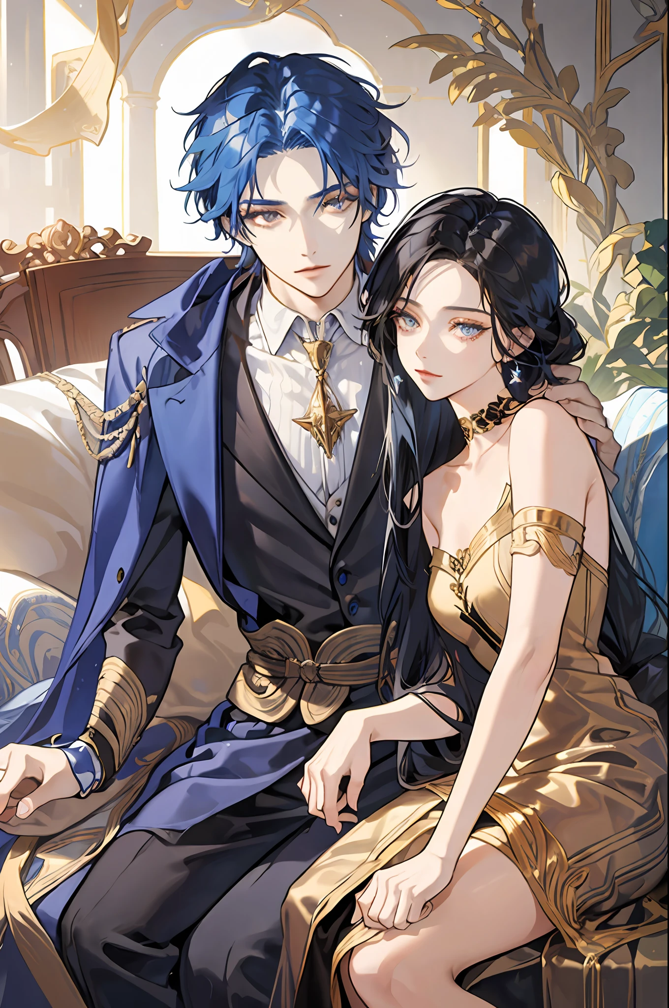 ((masterpiece: 1.2, best quality)), 1 woman, 1 man, woman with long blue hair, golden eyes (gorgeous: 1.4), man short black hair, brown eyes, fantasy, elegant, royalty, fantastic light and shadow, extremely detailed face, couple, man sitting with woman