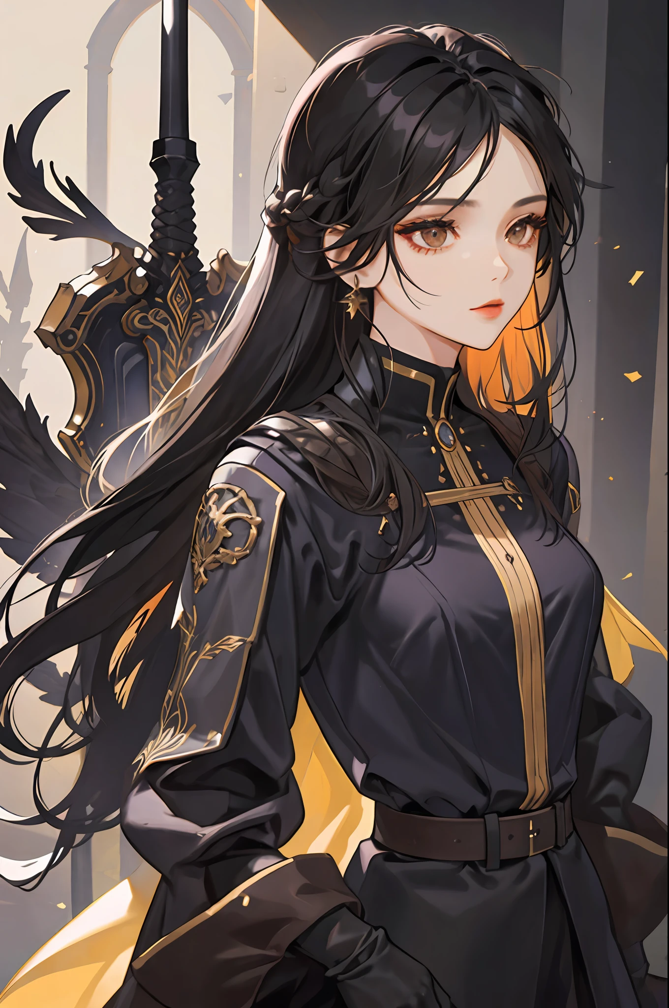 ((masterpiece: 1.2, best quality)), 1 woman, long black hair, brown eyes (gorgeous: 1.4), fantasy, elegant, royalty, fantastic light and shadow, extremely detailed face, strong woman, suit, woman with sword