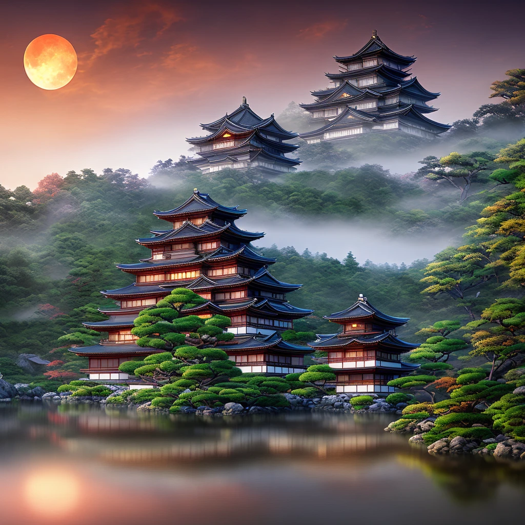 A landscape of a feudal Japanese castle, in front of a lake, with a red moon, hand-drawn, high details, intricate textures, professional lighting, lights, HD, complexity, mists, dusk, shadows, lights