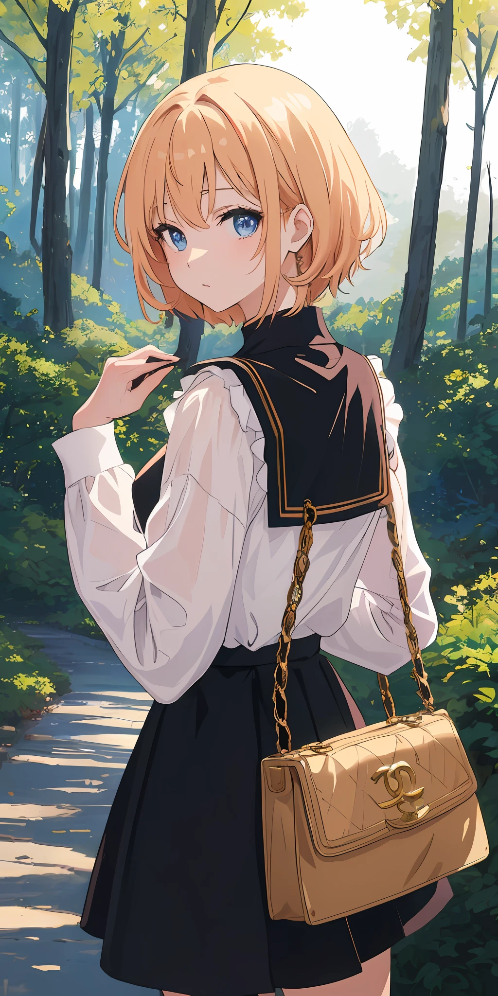 ((anime style)), ((best quality)), (masterpiece), (best artist),(Wlop style), (best background), (best landscape), (best colours), (best lighting), (a beautiful girl), in a forest background, (wearing behaved clothes), (a black skirt) with a long sleeved white blouse, short Chanel style hair, clear and gentle eyes.
