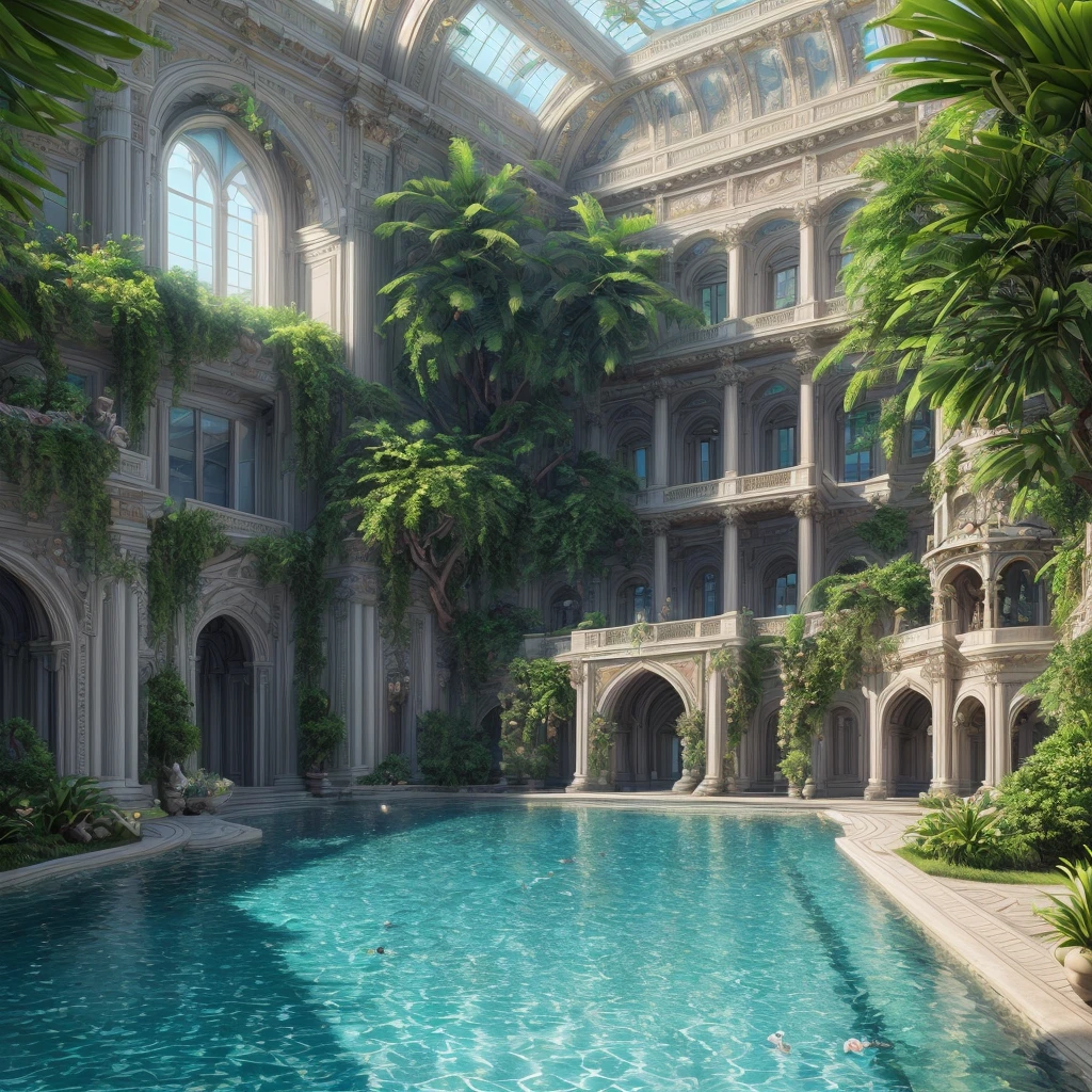 (extremely detailed CG unity 8k wallpaper, masterpiece, best quality), breathtaking, indoor pool like a lagoon, located in a magnificent royal palace, deep and sparkling, with warm lighting, crystal clear water, flooded with sunshine, and surrounded by lush green plants.