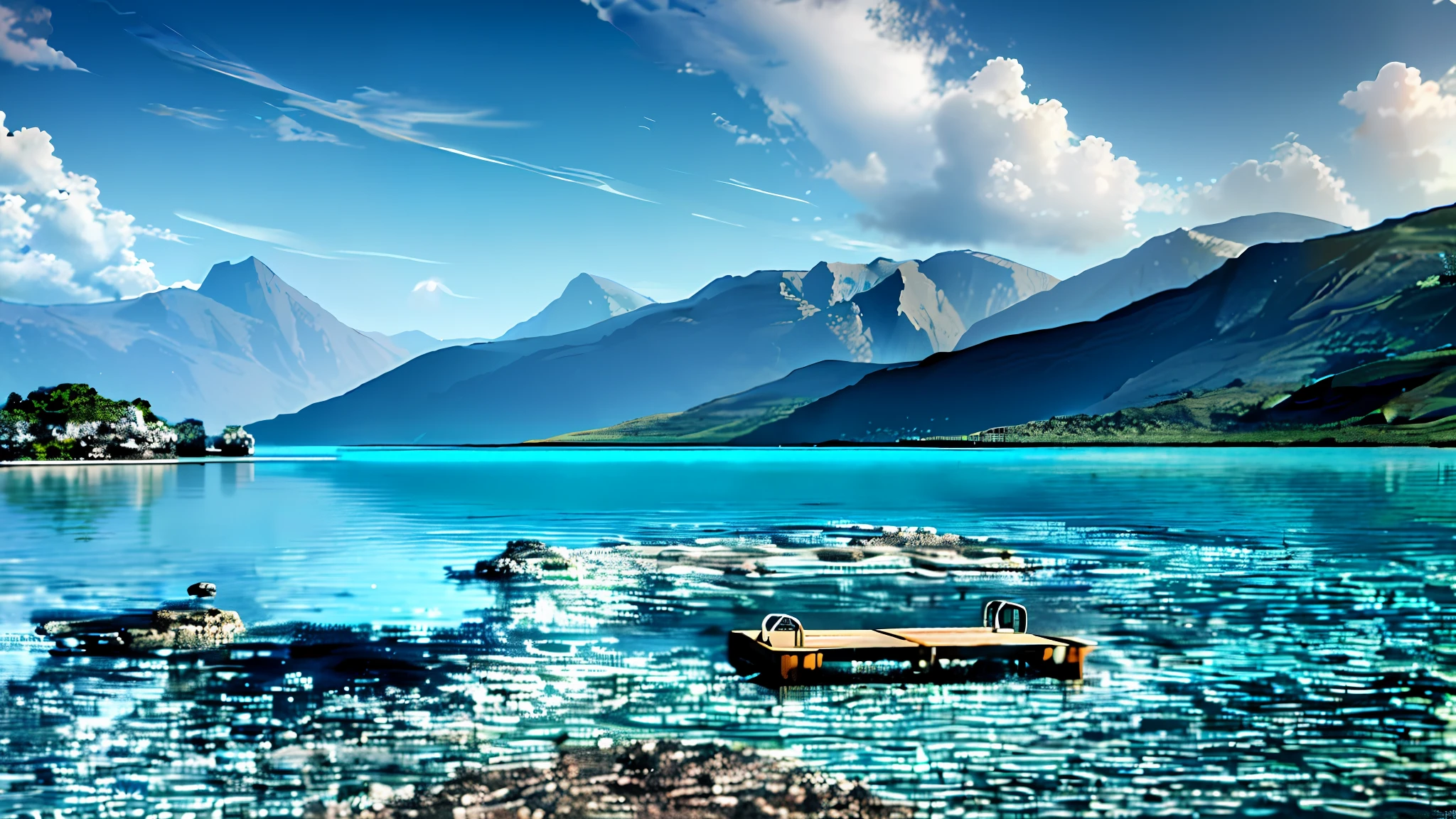 there is a small dock in the middle of the water, turbulent lake, puddles of turquoise water, overcast lake, turquoise water, vibrant but dreary blue, blue waters, teal landscape, shades of blue and grey, new zealand landscape, azure water, blue and green water, azure blue water, small dock, turquoise ocean, shades of blue, moody setting