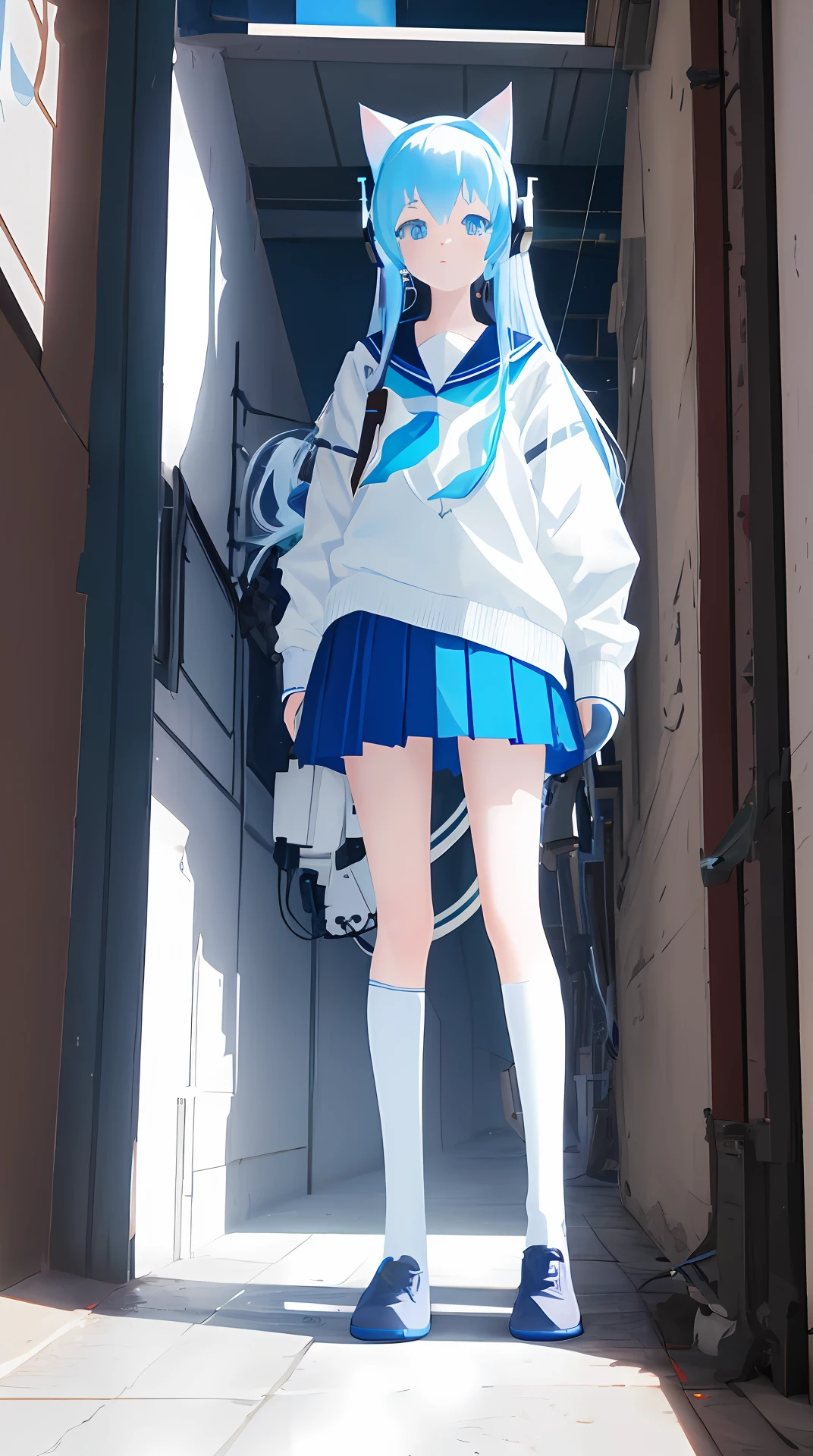 1 girl, light blue hair, long hair, sailor uniform, blue and white clothes, headphones, tall, standing picture, 3D night view, assault rifle, cat ears