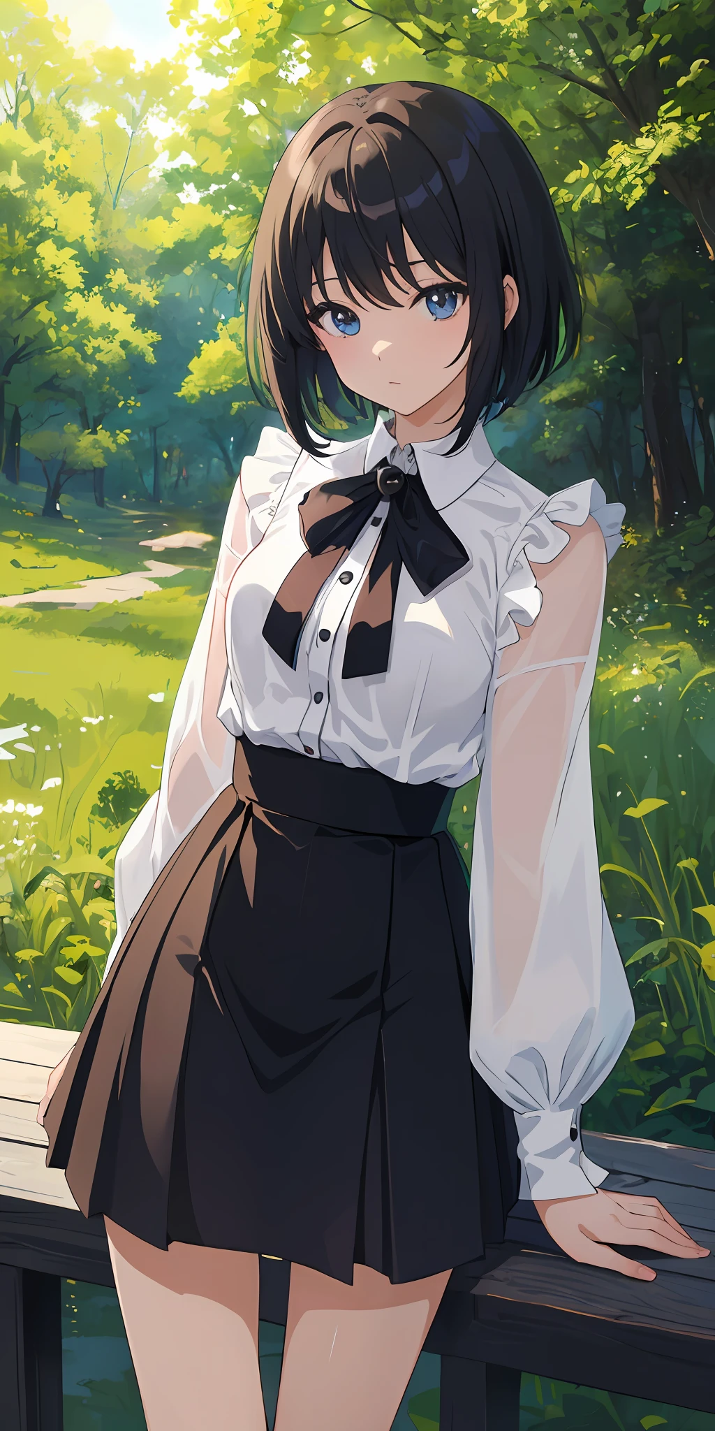 ((anime style)), ((best quality)), (masterpiece), (best artist),(Wlop style), (best background), (best landscape), (best colours), (best lighting), (a beautiful girl), in a forest background, (wearing behaved clothes), (a black skirt) with a long sleeved white blouse, short Chanel style hair, clear and gentle eyes.