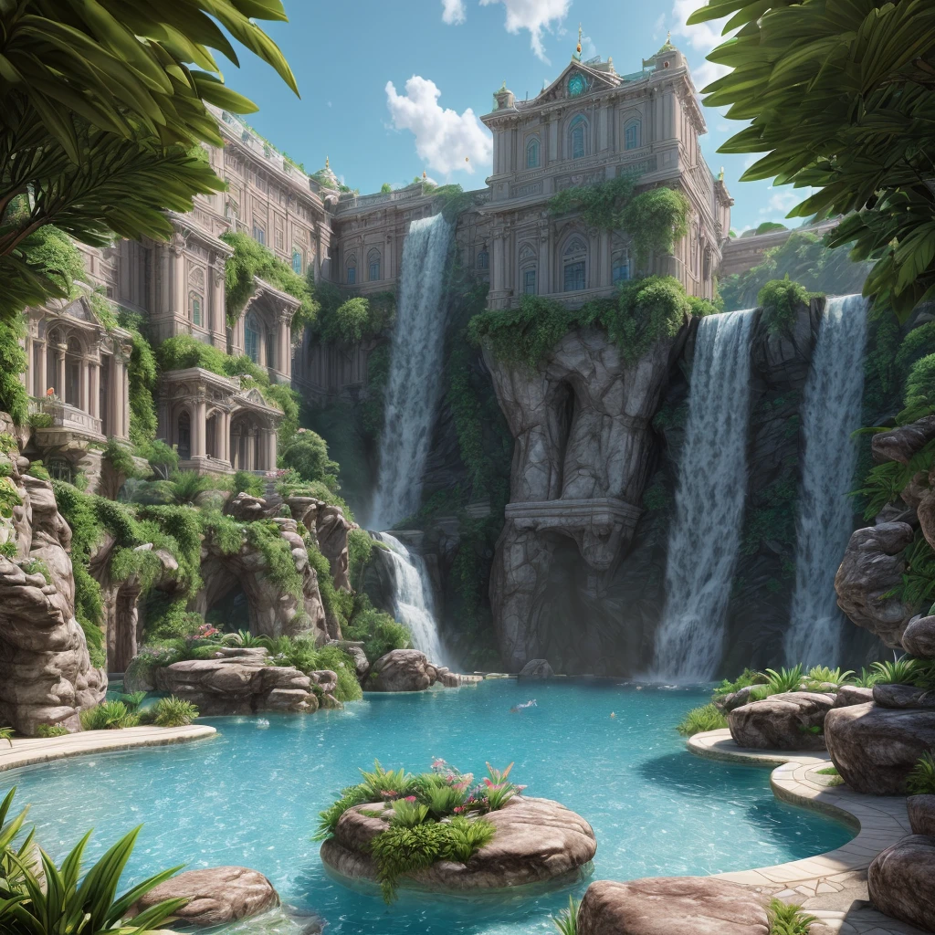 (extremely detailed CG unity 8k wallpaper, masterpiece, best quality), breathtaking, indoor pool like a lagoon with large artificial rocks, located in a magnificent royal palace, deep and sparkling, with warm lighting, crystal clear water, flooded with sunshine, and surrounded by lush green plants.