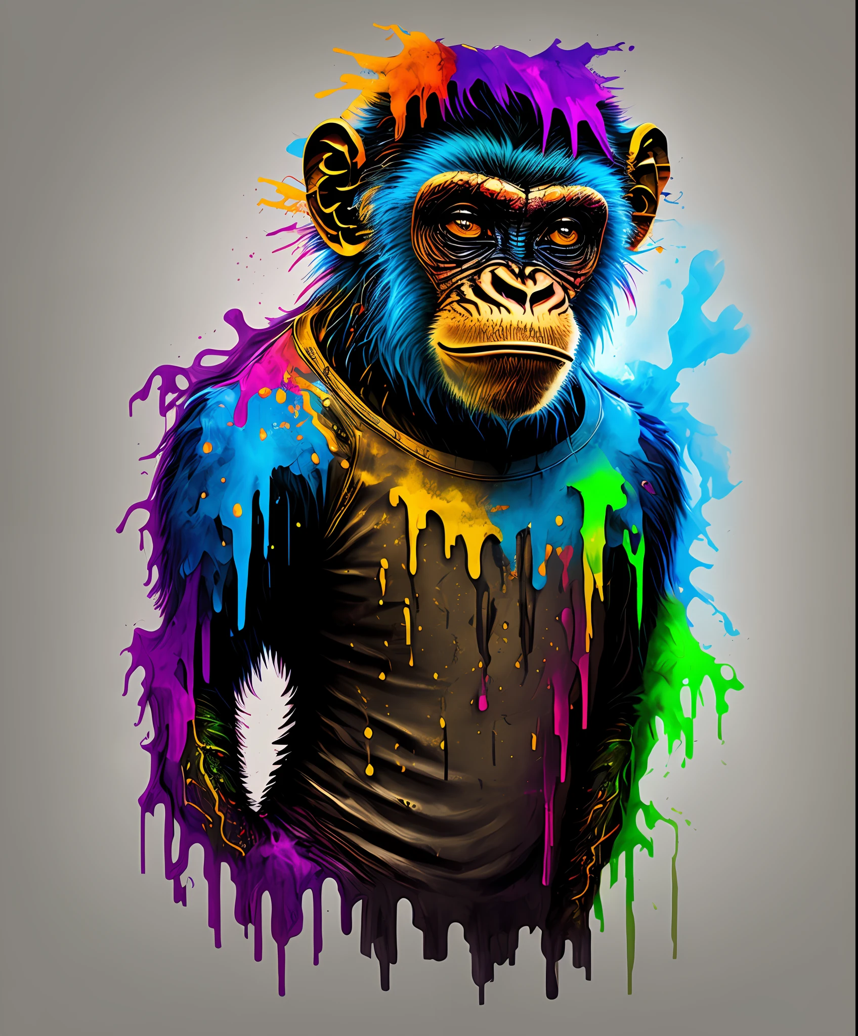 (a portrait of Cyberpunk Monkey with colored fluid), T-shirt logo in tapered thin outline style, spell view, artwork in (empty background:1.4)