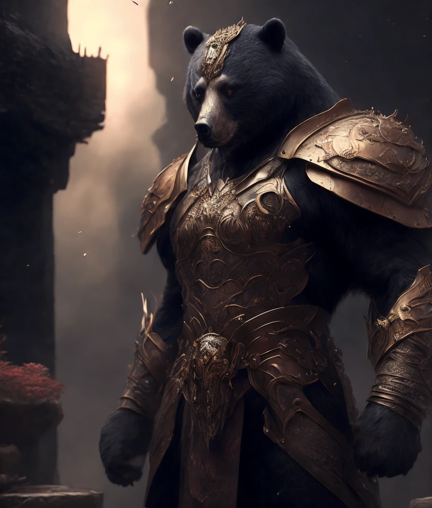 (Masterpiece), best quality, (extremely fine CG uniform 8k wallpaper), (best quality), (best illustration), (best shadow), full body photo, anthropomorphic black bear, Hercules, warrior, China Heavy armor, Chinese ink style, stunning epic ancient Chinese theme, martial arts style, Chinese fairy tales, highly detailed, dynamic, cinematic, stunning, realistic lighting, vivid, vibrant, 8k, octane rendering, fantasy engine, very detailed , concept art, reality, crying engine,