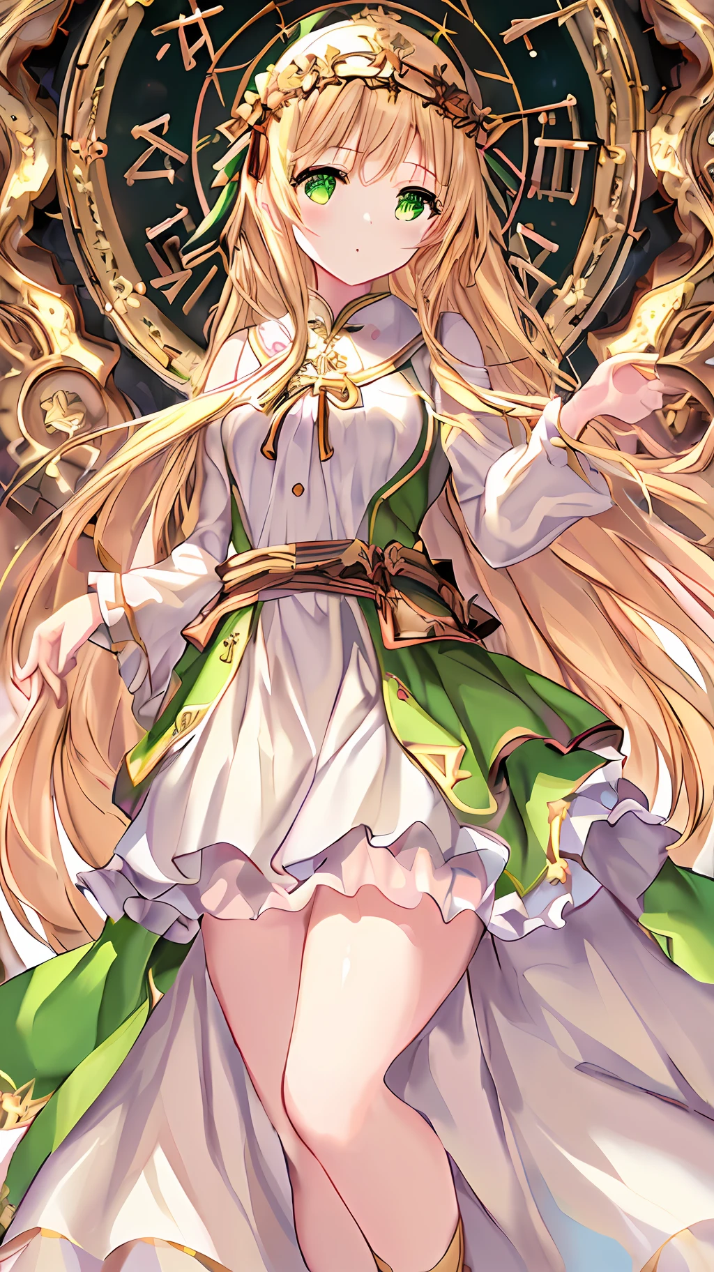 (((absurdres))), (((best quality))), focus on face, {giant clock} background, full body, digital art, (trending on ArtStation), ((1girl)), small breasts, ((green shiny eyes)), star-shaped eyes, beautiful, (beige blonde long hair), (((greek clothing))):1.9, goddess of time, perfection, beautiful, loli
