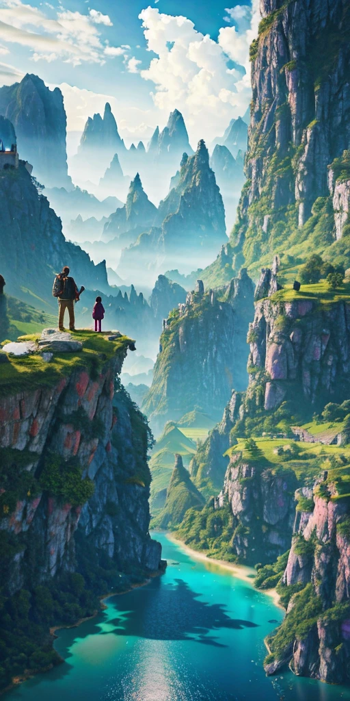 Cinematic Still, location is Exterior a beautiful fantasy landscape with villagers working in the fields between the mountains with a castle in the background, Wide framing, Over the Shoulder shot. 2 People, they're Latino, Male, and a Young Adult. The second person is Latino, Female, and a Young Adult. the couple is holding hands while looking towards the horizon. Framed Center, Lighting is High Contrast, it's Sunset, the tone is Magenta. It's the Future. In the style of an Fantasy film. Shot with a 40mm lens --ar 16:9