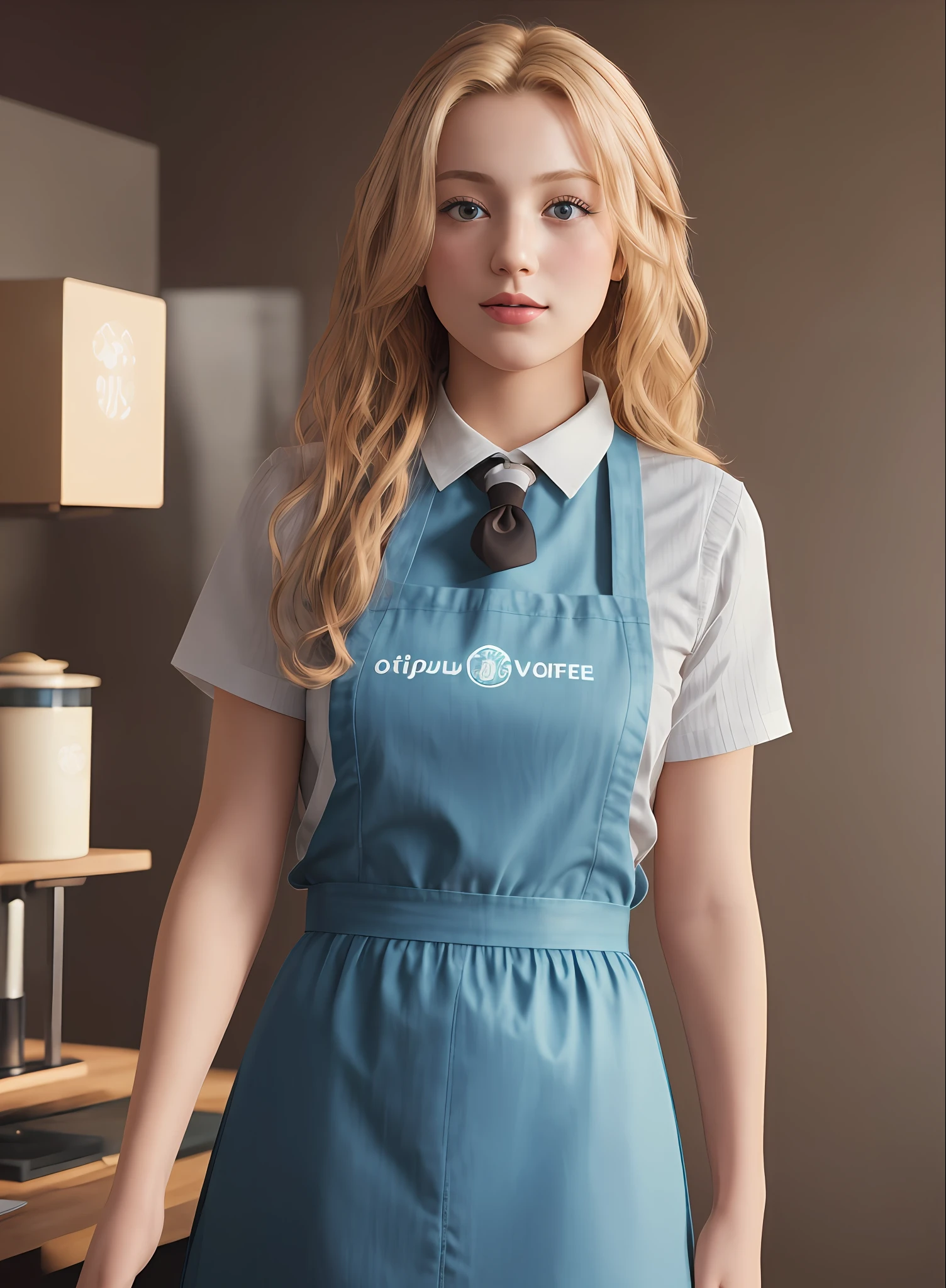 ((high quality)), ((masterpiece)), 8k, 1girl, caucasian, blonde curly hair, blue eyes, starbucks apron, sexy starbucks employee, light rays, extremely detailed CG unity 8k wallpaper, game cg, full body