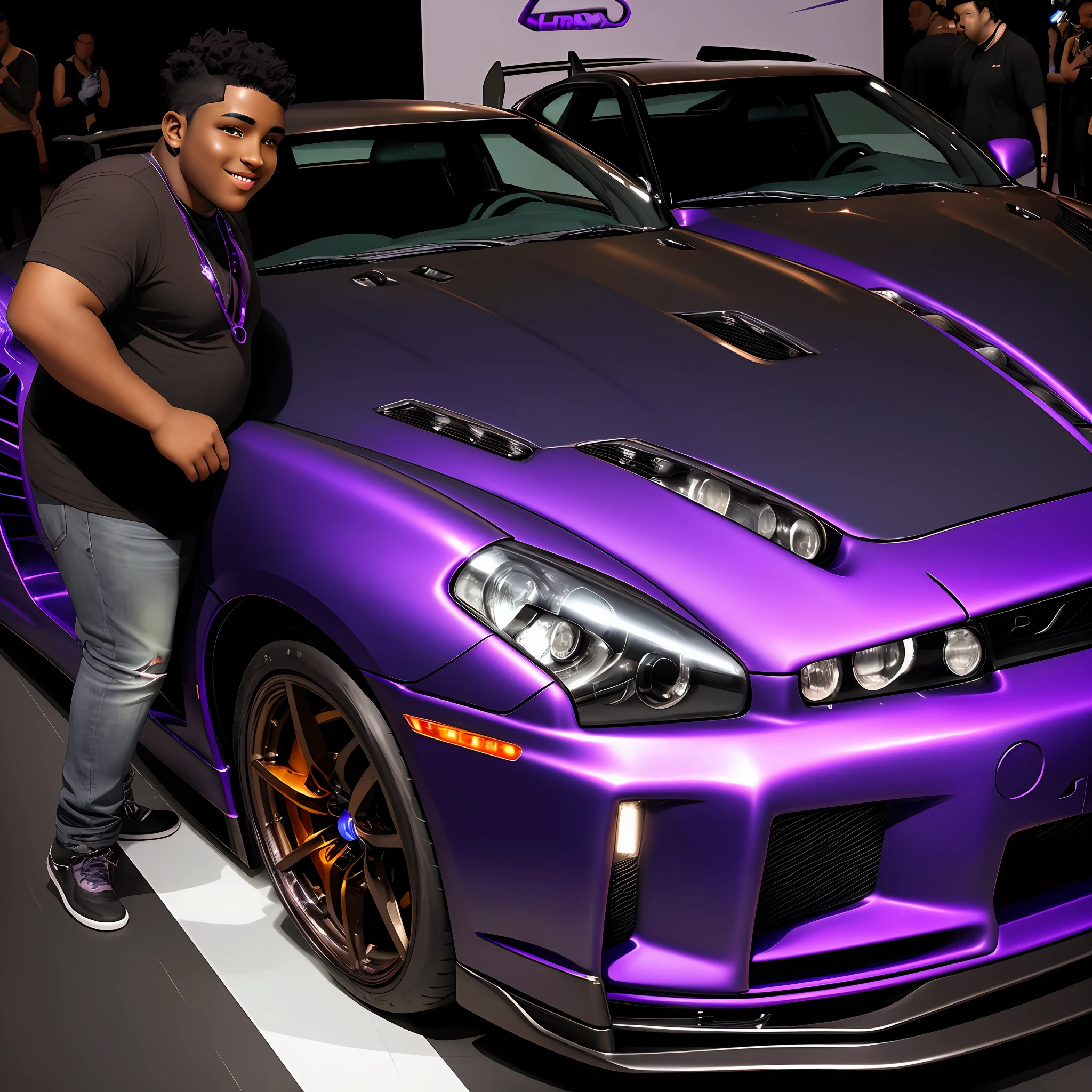 A chubby black brown skinned young man with black curly hair shaved on the sides in front of an iridescent purple Nissan Skyline GTR (hyperdetailed)