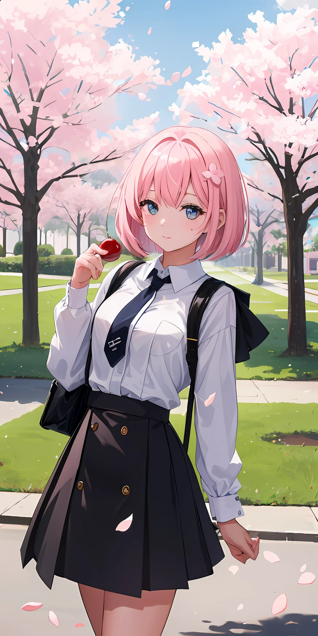 Immerse yourself in the Wlop-inspired world to portray a lovable university girl with a stylish Chanel-inspired bob, showcasing a flared black skirt. Utilize a vibrant color palette and a combination of soft and directional lighting to accentuate her features. Place her amidst a lively campus park, surrounded by blooming cherry blossom trees, capturing the essence of youthful joy and academic pursuits.
