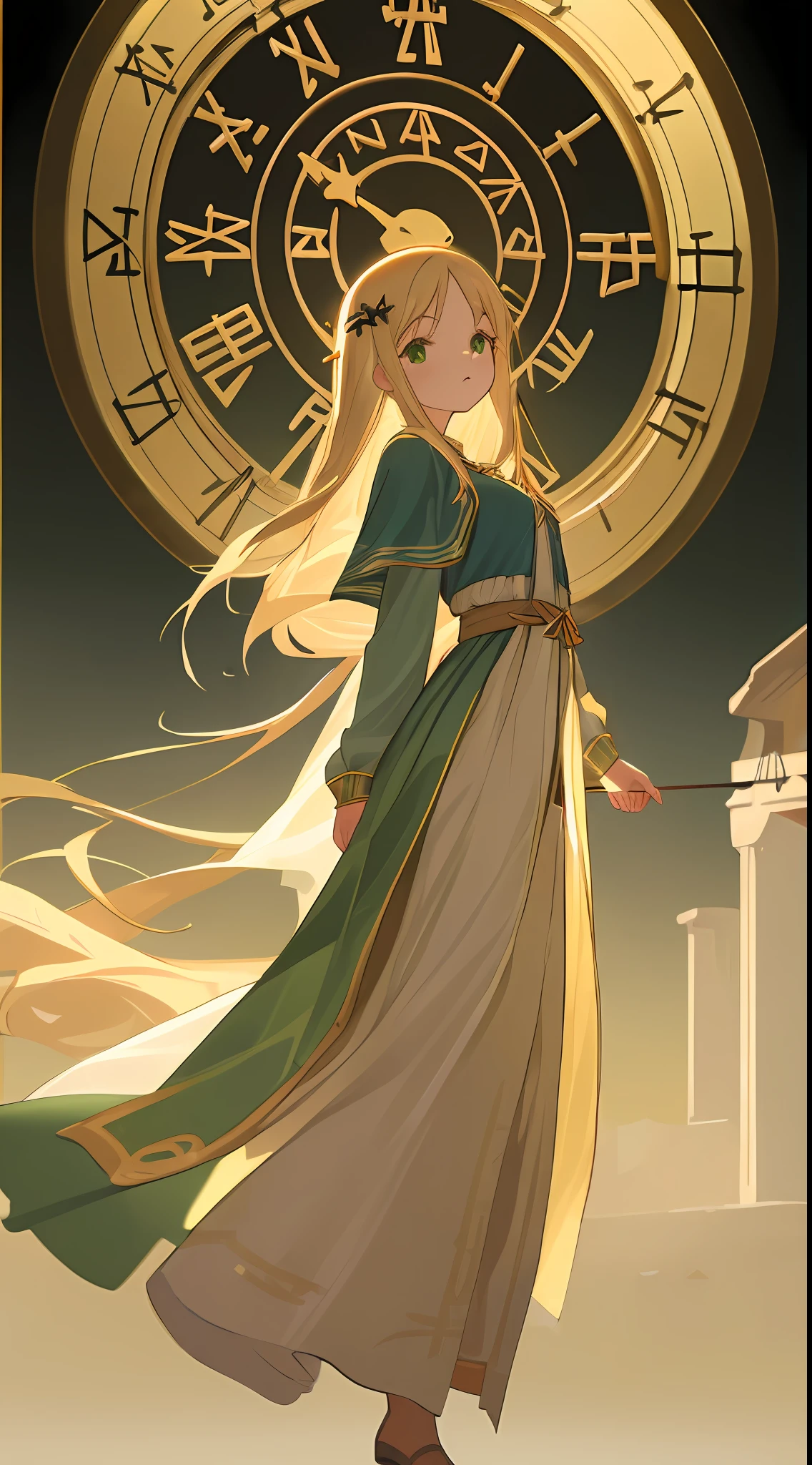 (((absurdres))), (((best quality))), focus on face, {giant clock} background, full body, digital art, (trending on ArtStation), ((1girl)), small breasts, ((green shiny eyes)), star-shaped eyes, beautiful, (beige blonde long hair), (((greek clothing))):1.9, goddess of time, perfection, beautiful,