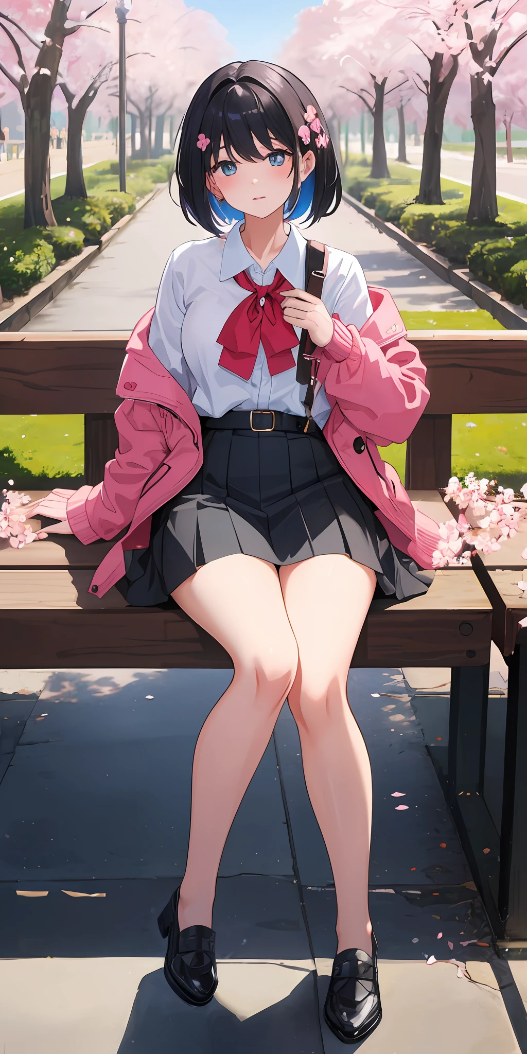 Immerse yourself in the Wlop-inspired world to portray a lovable university girl with a stylish Chanel-inspired bob, showcasing a flared black skirt. Utilize a vibrant color palette and a combination of soft and directional lighting to accentuate her features. Place her amidst a lively campus park, surrounded by blooming cherry blossom trees, capturing the essence of youthful joy and academic pursuits.