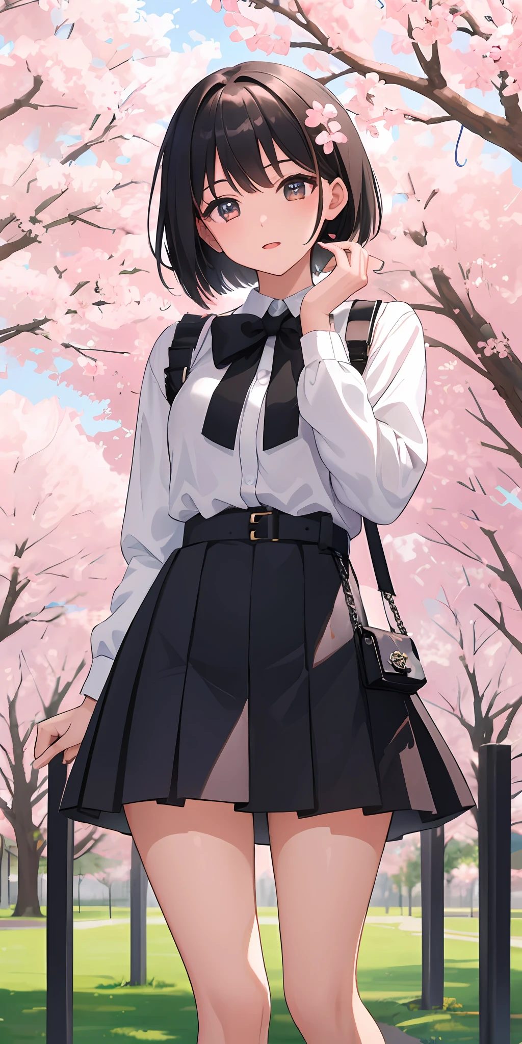Immerse yourself in the Wlop-inspired world to portray a lovable university girl with a stylish Chanel-inspired bob, showcasing a flared black skirt. Utilize a vibrant color palette and a combination of soft and directional lighting to accentuate her features. Place her amidst a lively campus park, surrounded by blooming cherry blossom trees, capturing the essence of youthful joy and academic pursuits.