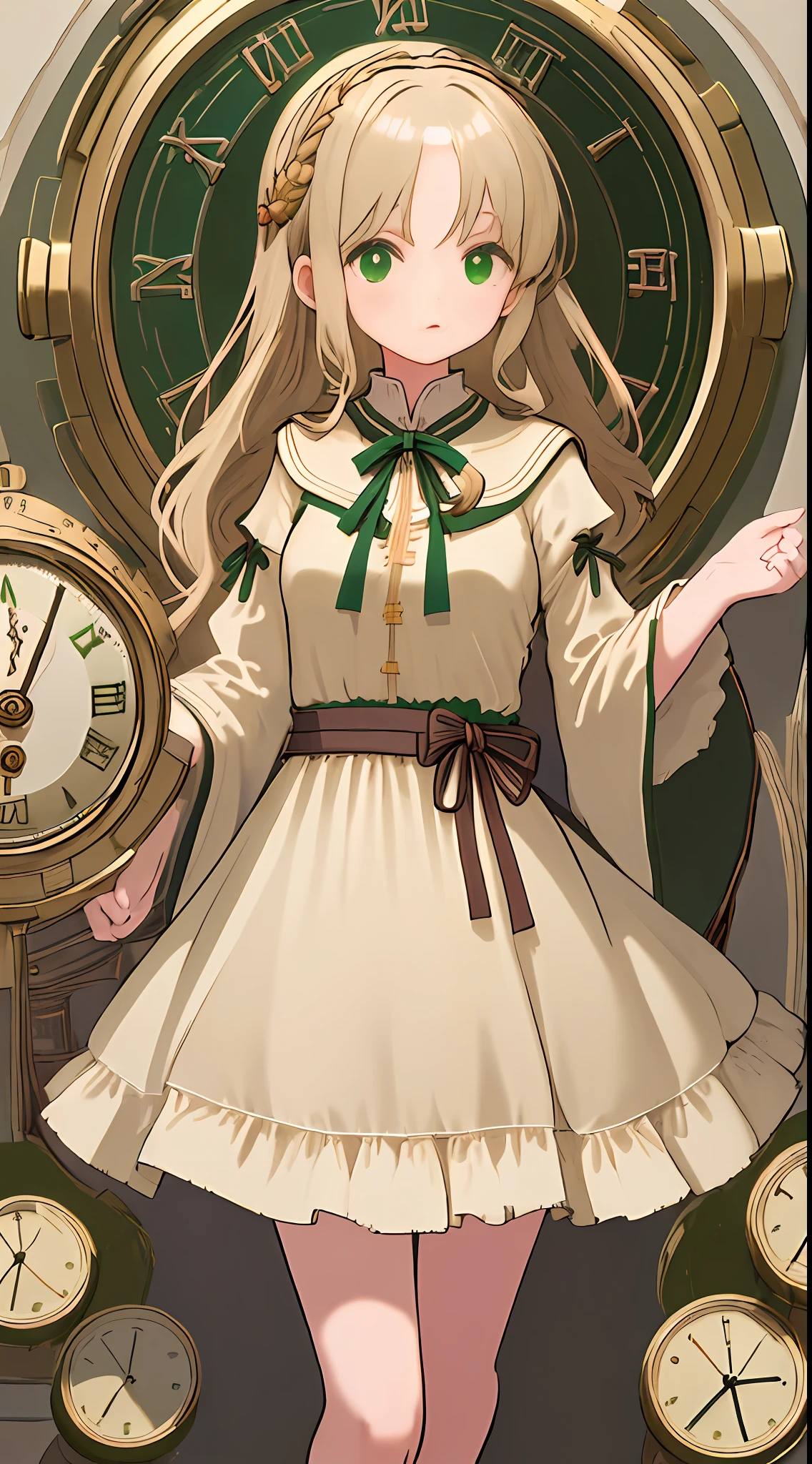 (((absurdres))), (((best quality))), focus on face, {giant clock} background, full body, digital art, (trending on ArtStation), ((1girl)), small breasts, ((green shiny eyes)), star-shaped eyes, beautiful, (beige blonde long hair), (((greek clothing))):1.9, goddess of time, perfection, beautiful,