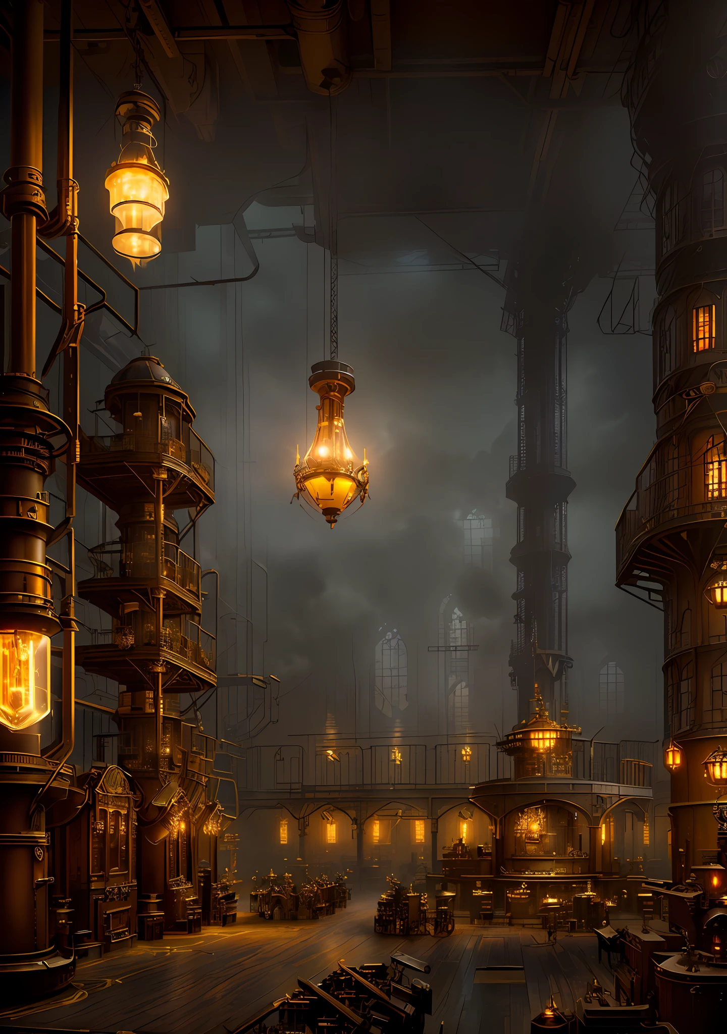 there is a large room with a lot of lights and a lot of tables, steampunk factory background, matte painting of steam machines, fantasy atmospheric lighting, steampunk concept art, steampunk setting, dramatic lighting. concept art, in a steampunk laboratory, inspired victorian sci - fi, 3d rendered steampunk, steampunk imagery themed, golden steampunk city atmosphere, concept art stunning atmosphere