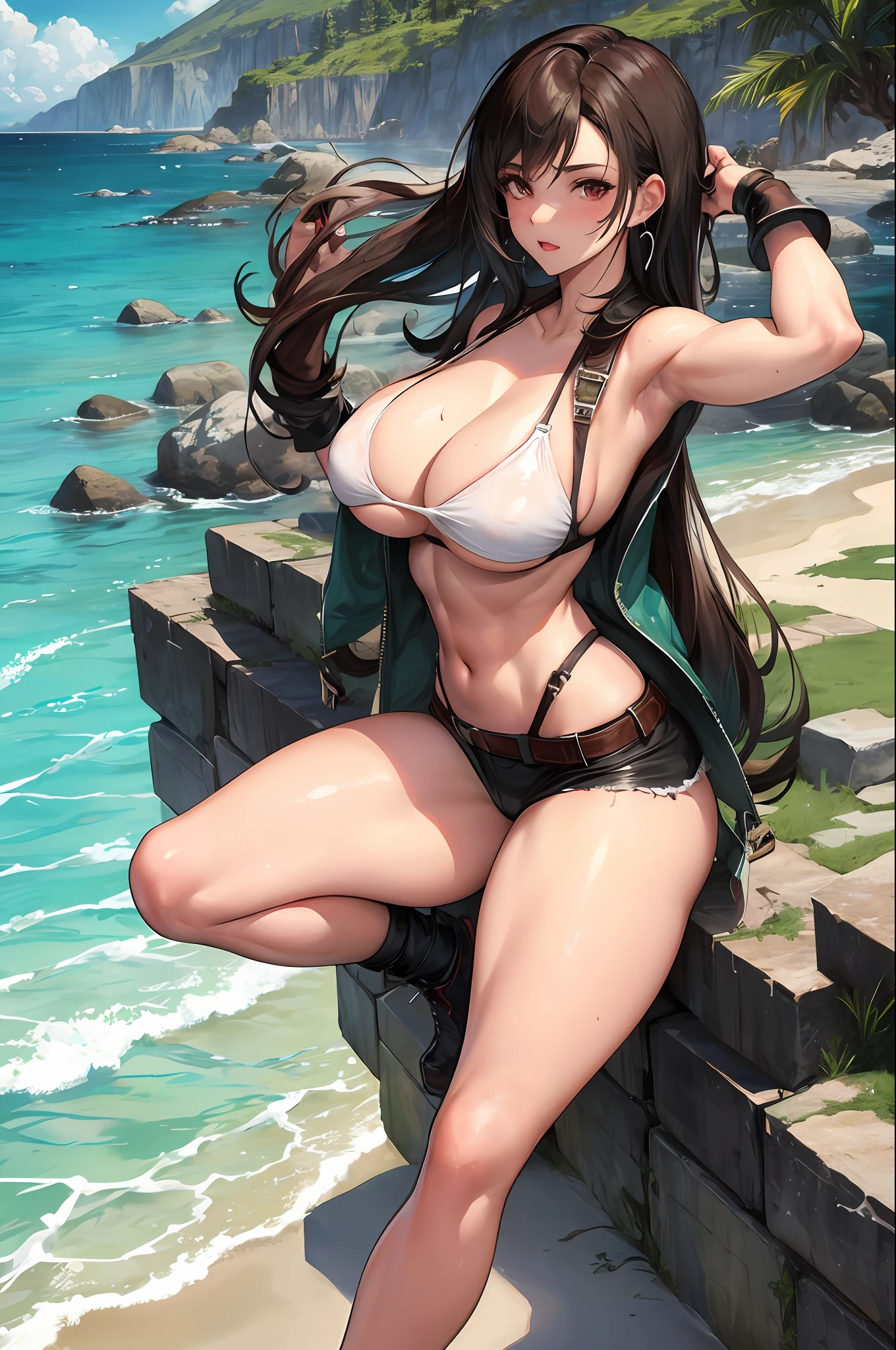 Tifa Lockhart,Strong muscly female,thick thighs,big boobs, sexy pose, bikini, sea beach, amazing scenary