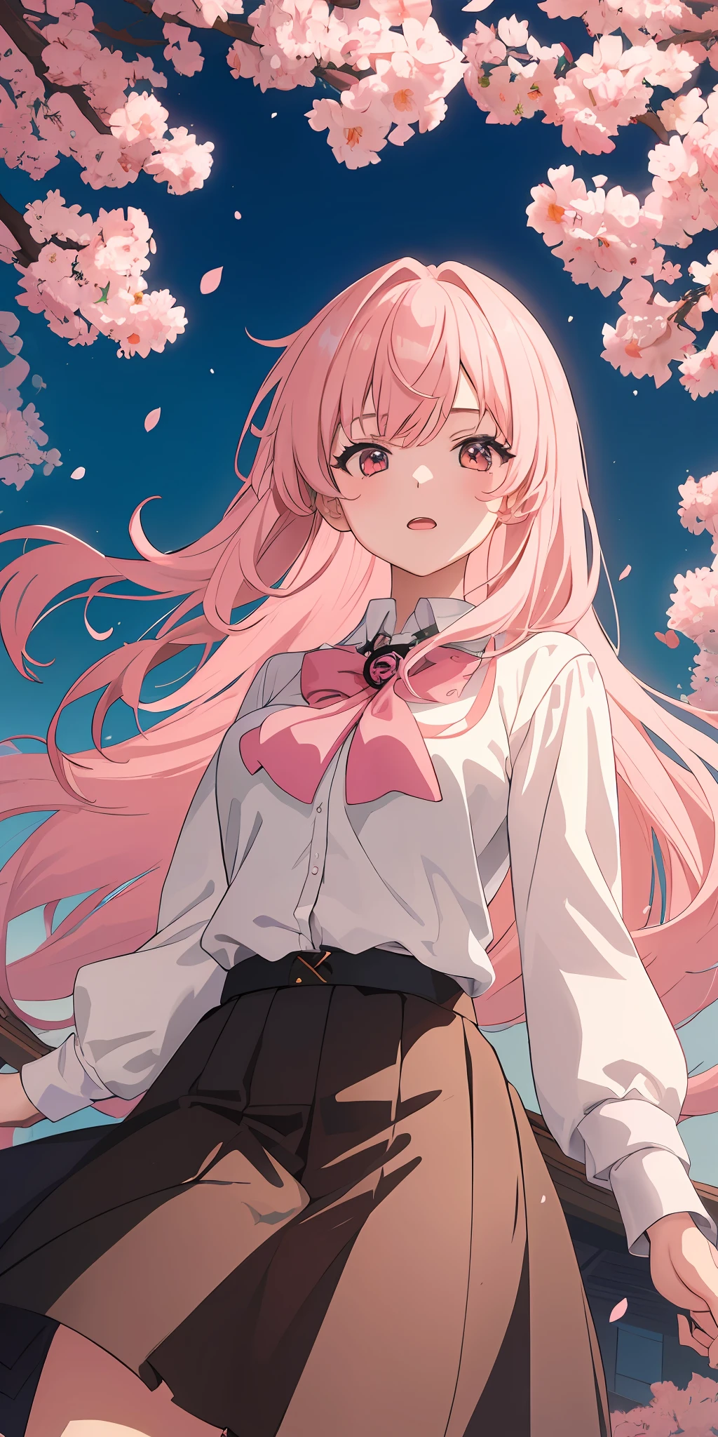 ((Anime style)), ((best quality)), ((masterpiece)), ((HDR+)), (best performance), (best lighting), (a college girl with pink Chanel hair with fringes), wearing a school uniform, in a [college road background on a Sakura tree falling petals], [Wlop], [Takehino Inoue], [Oh! Great]