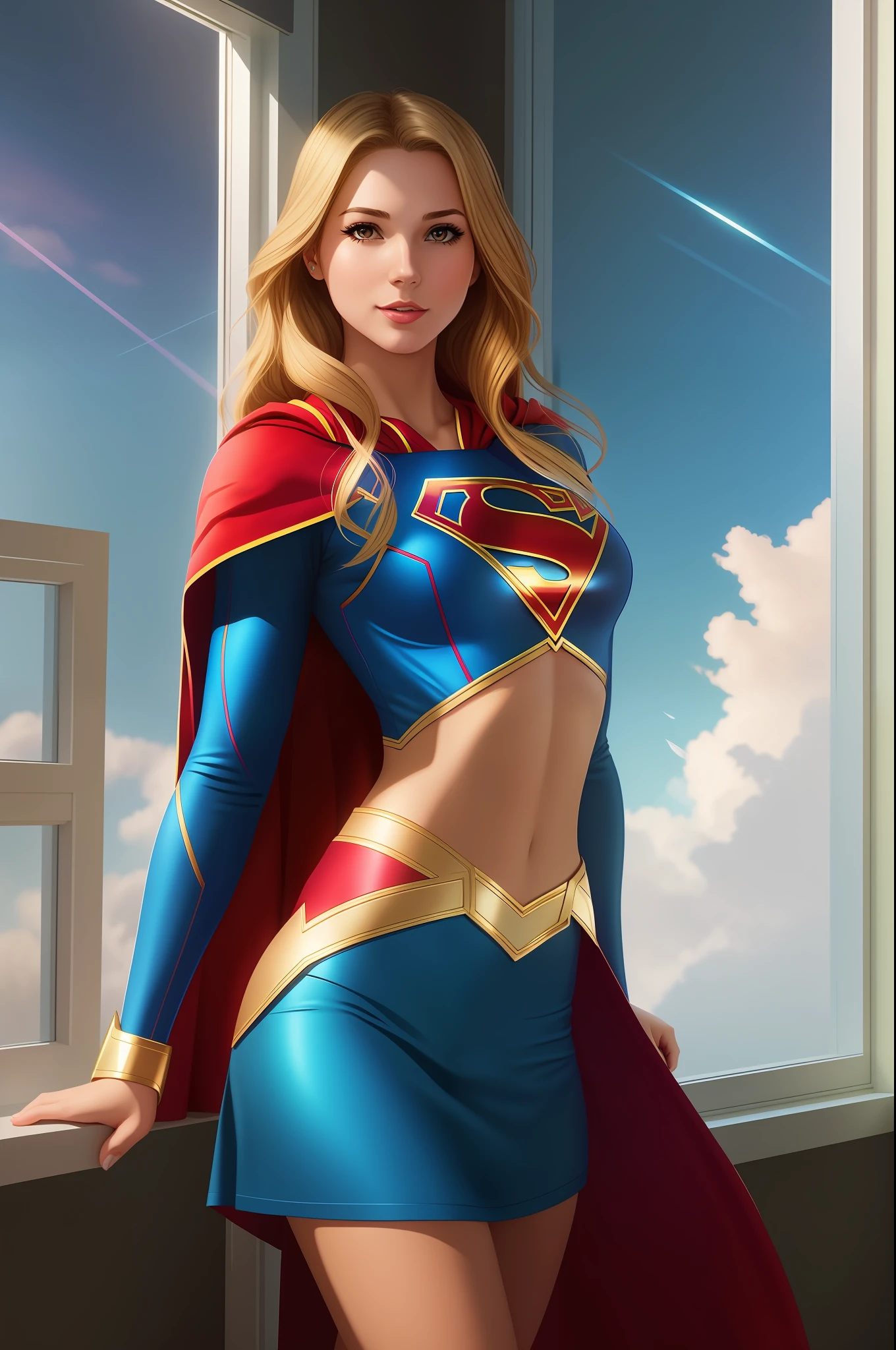 image of a woman dressed as supergirl standing in front of a window, supergirl, artgerm extremely detailed, drawn in the style of artgerm, artgerm and atey ghailan, artgerm style, ig model | artgerm, artgerm style, artgerm style, artgerm. high detail