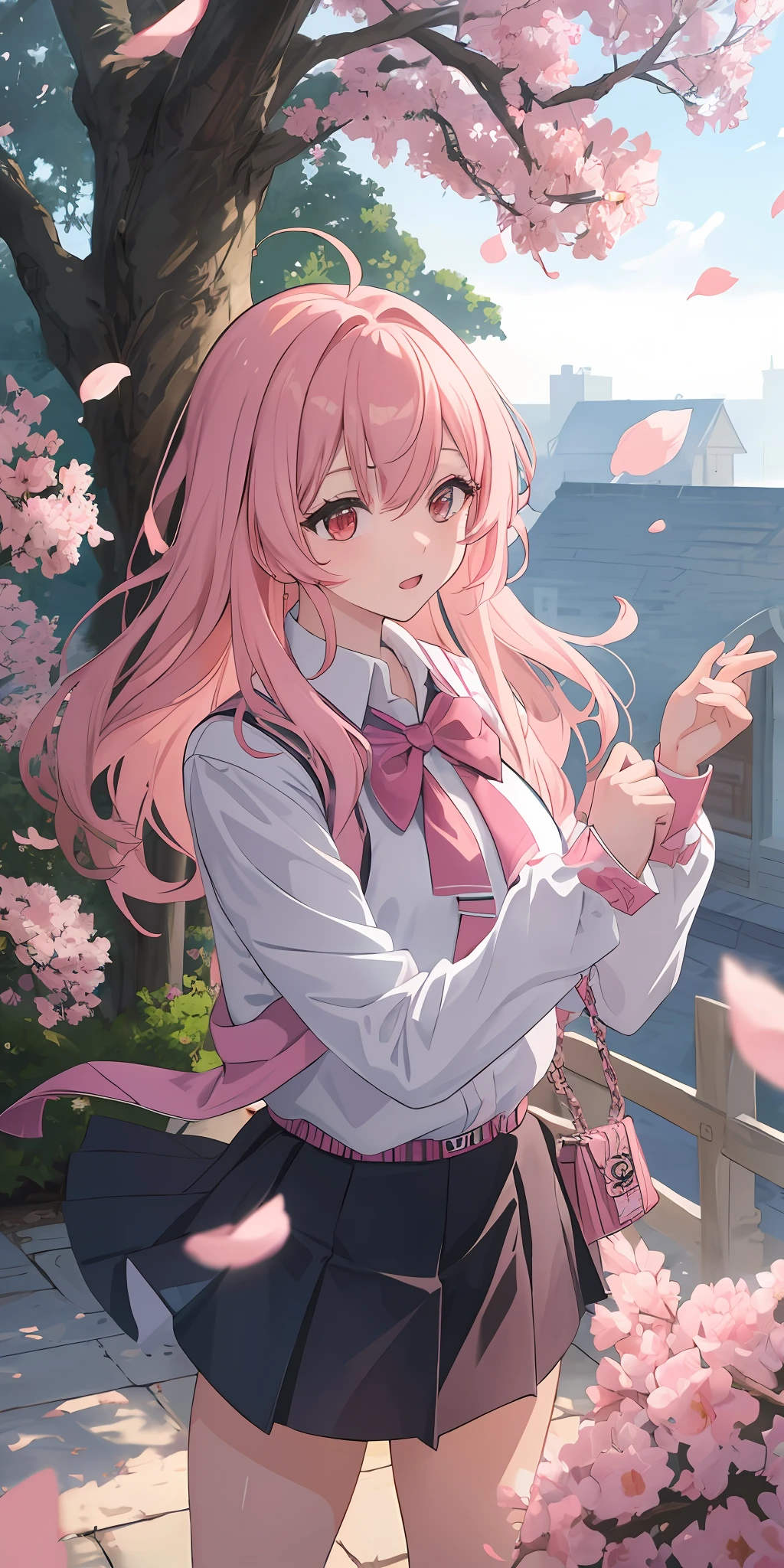 ((Anime style)), ((best quality)), ((masterpiece)), ((HDR+)), (best performance), (best lighting), (a college girl with pink Chanel hair with fringes), wearing a school uniform, in a [college road background on a Sakura tree falling petals], [Wlop], [Takehino Inoue], [Oh! Great]