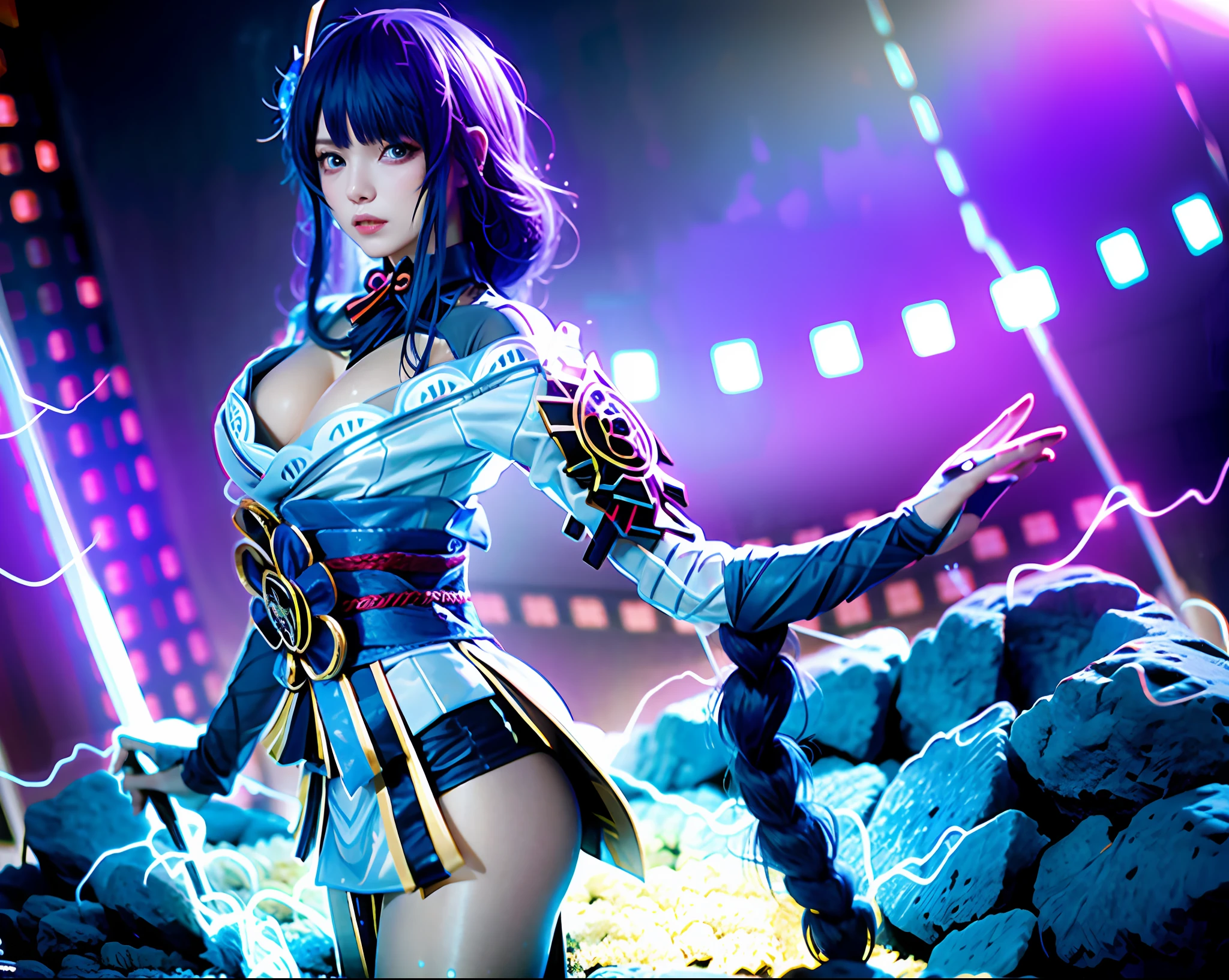 RAW, analog style,  ultra detailed photograph,  moonlight  , full body portrait of ((wet)), stunningly beautiful,  ( yelan \(genshin impact\) ),  dynamic posing,   wearing bikini armor  , (  wavy hair  : 1.2 ) ,  ( deep cleavage), , (detailed face), vibrant eyes  ,  (view from_behind  ) ,    She performed stand-up comedy, hilarious    ,  at [ A tropical island paradise where mermaids and sea monsters swim in the crystal-clear waters : A massive, sentient artificial intelligence in control of a planet : 0.75 ]  , ( very detailed background, detailed face, detailed complex busy background : 0.8 ) , messy, ornate,  Powdery colors , ((high detailed skin, realistic skin details)), (visible pores : 0.3) ,  sharp focus, volumetric fog, 8k uhd, dslr, high quality, film grain,    fair skin, photorealism, lomography ,  at (  A future world where humans have merged with machines  ),  view from front ,  translucency ,   (HDR:1.2),