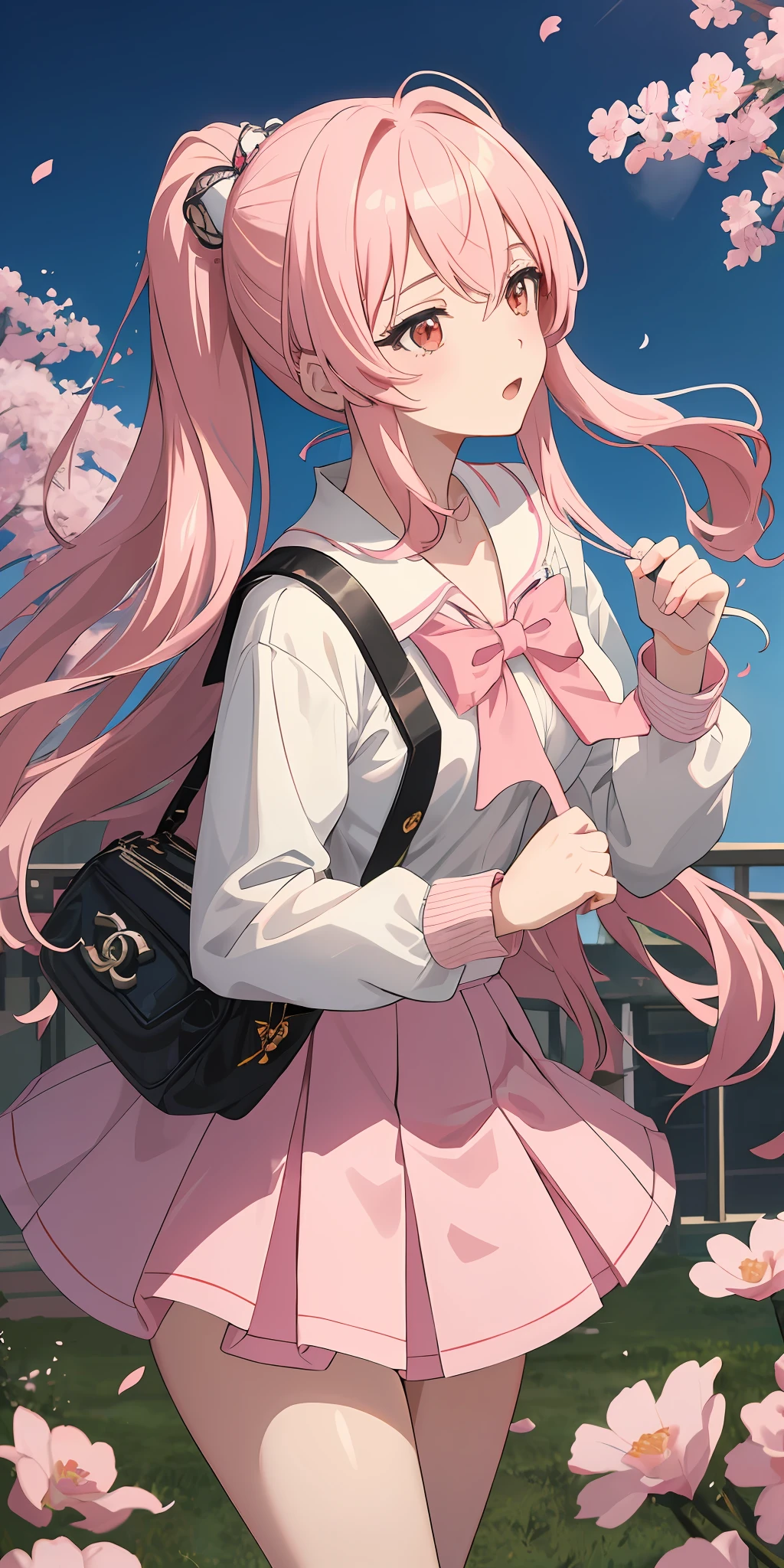 ((Anime style)), ((best quality)), ((masterpiece)), ((HDR+)), (best performance), (best lighting), (a college girl with pink Chanel hair with fringes), wearing a school uniform, in a [college road background on a Sakura tree falling petals], [Wlop], [Takehino Inoue], [Oh! Great]