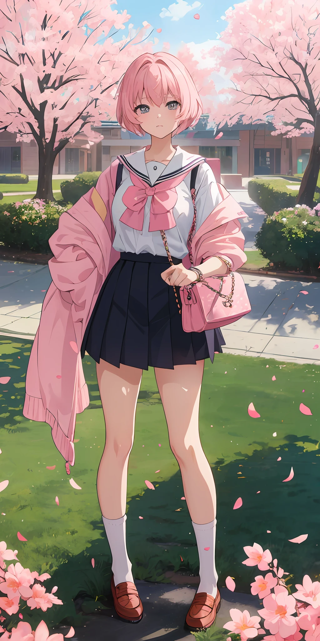 ((Anime style)), ((best quality)), ((masterpiece)), ((HDR+)), (best performance), (best lighting), (a college girl with pink Chanel hair with fringes), wearing a school uniform, in a [college road background on a Sakura tree falling petals], [Wlop], [Takehino Inoue], [Oh! Great]