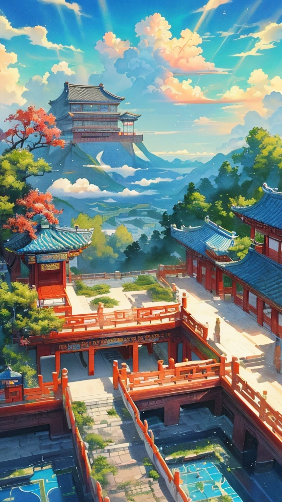 The game scene, the ancient Chinese palace is located above the clouds, surrounded by clouds and mist, majestic, glazed tiles, colorful rays of light, ((color ink)),((splash ink)),((splash ink) ink}) ), masterpiece, high quality, Refined graphics, high detail