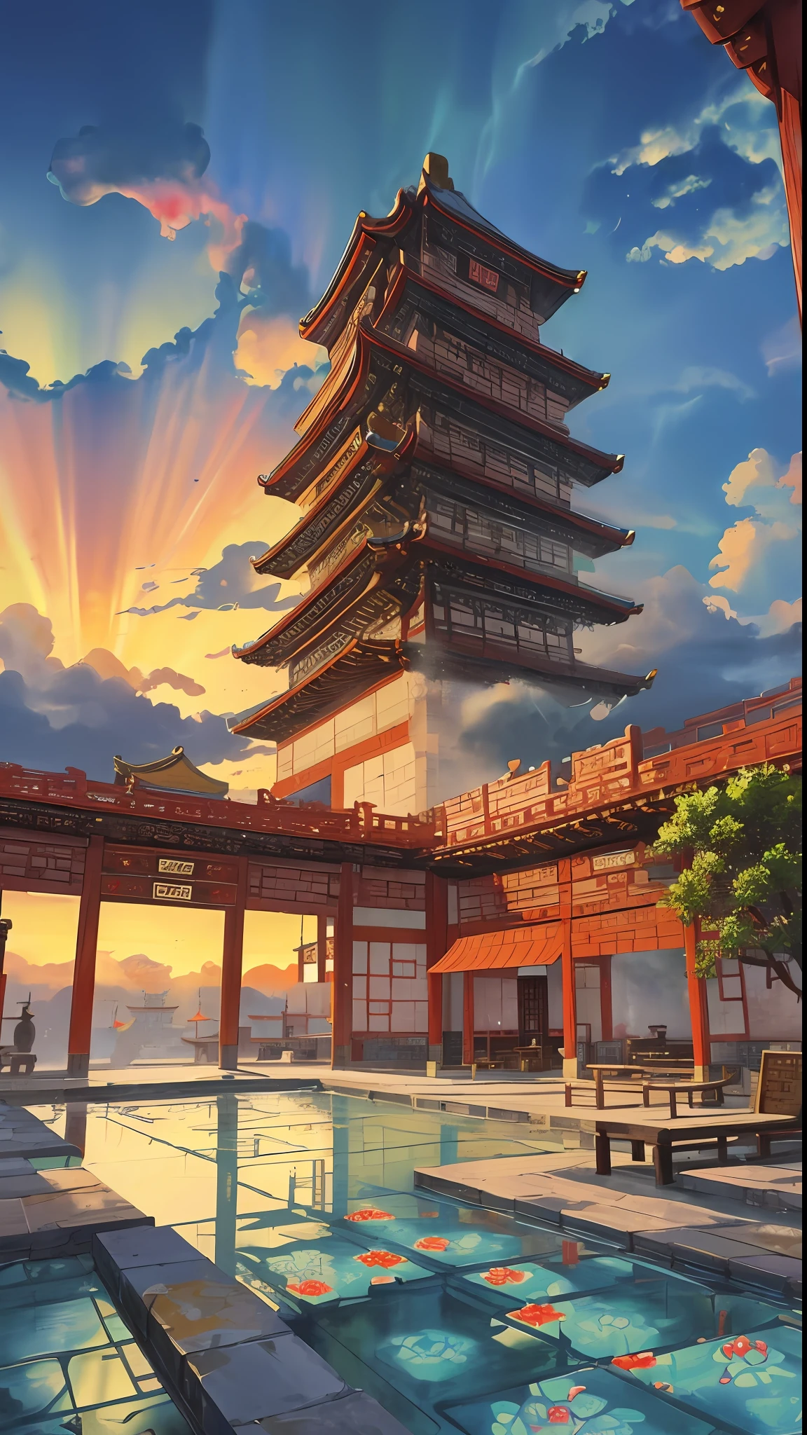 The game scene, the ancient Chinese palace is located above the clouds, surrounded by clouds and mist, majestic, glazed tiles, colorful rays of light, ((color ink)),((splash ink)),((splash ink) ink}) ), masterpiece, high quality, Refined graphics, high detail