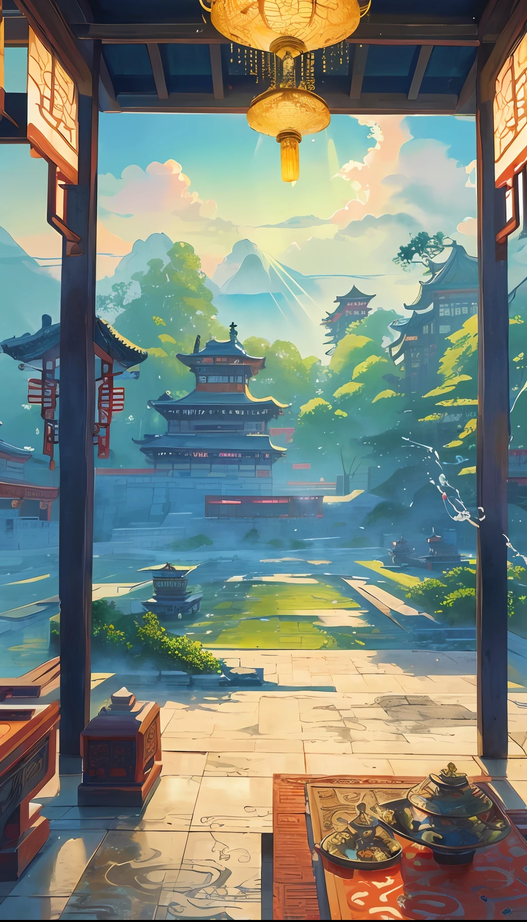 The game scene, the ancient Chinese palace is located above the clouds, surrounded by clouds and mist, majestic, glazed tiles, Buddha statues, colorful rays of light, ((color ink)),((splash ink)),((splash ink) ink}) ), masterpiece, high quality, exquisite graphics, high detail